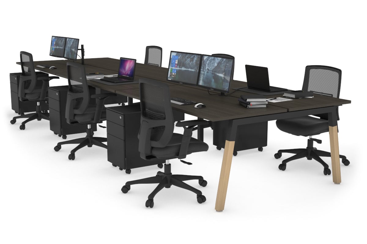 Quadro A Legs 6-Person Office Workstation with Wood Legs & Cross Beam [1200L x 700W] - Perfect for Collaborative Workspaces & Modern Office Desks