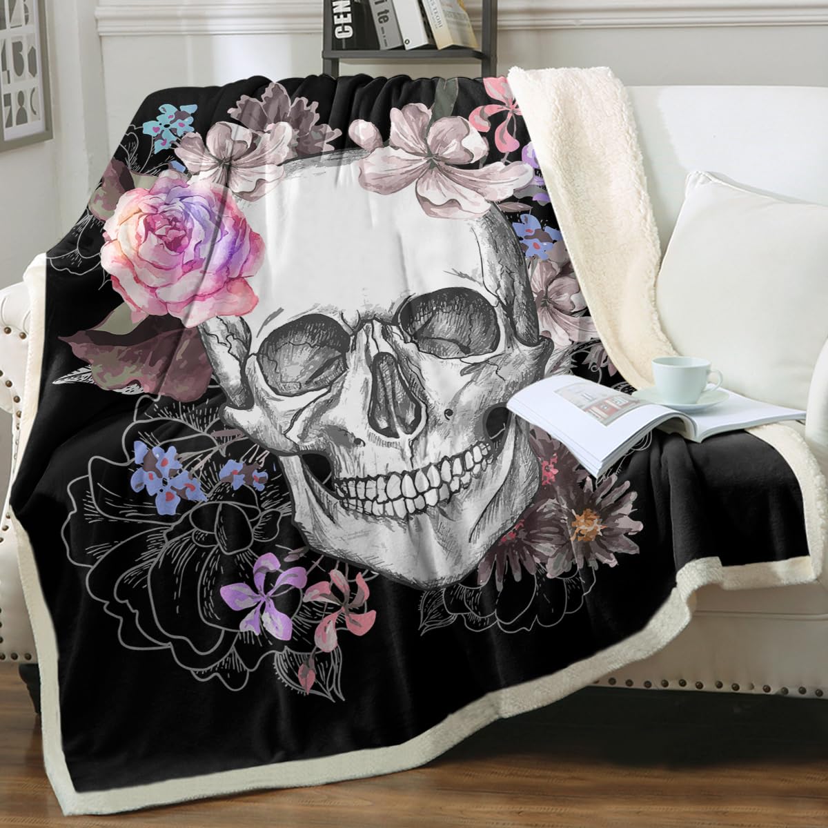Sleepwish Fleece Throw Blanket - Skull Rose Sherpa Blanket for Women & Girls, Soft Fuzzy Black Pink Flower Blanket for Couch, Bed, Chair - Queen Size 90