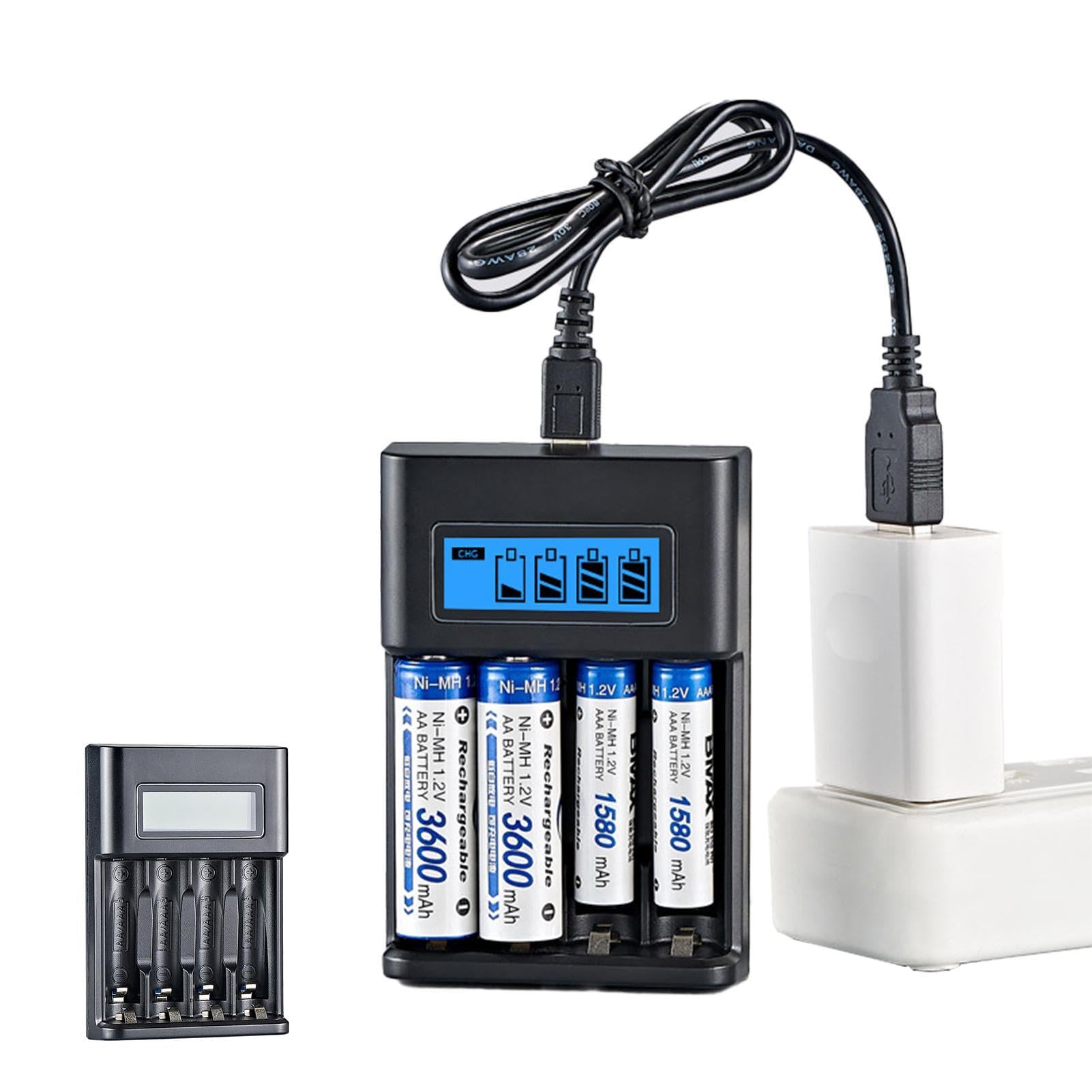 4-Slot USB AA AAA Battery Charger with Smart LCD Display - Fast Charging for 1.2V NiMH Rechargeable Batteries - Perfect for Cameras, Toys, Remote Controls & Electronic Devices