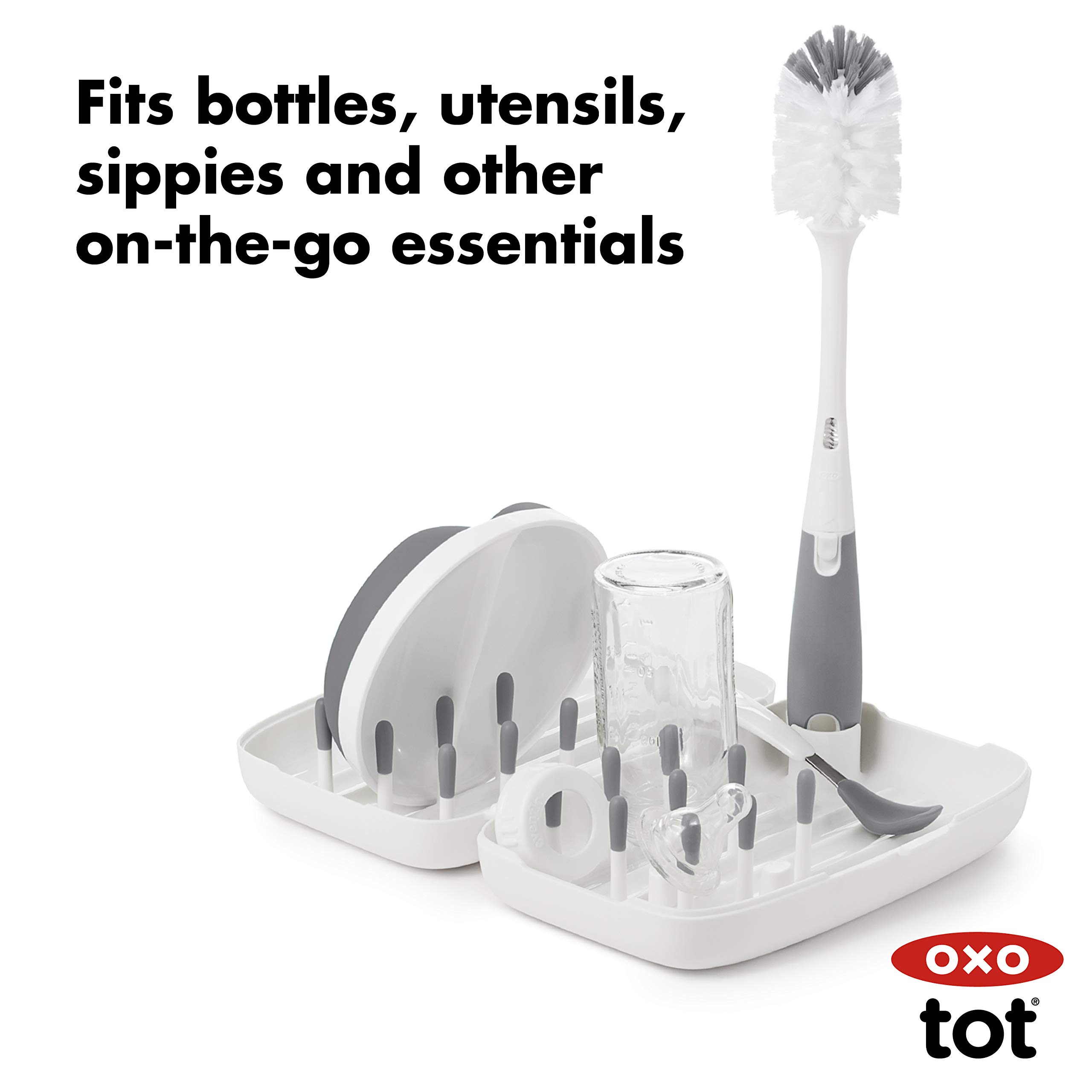 OXO Tot Travel Size Baby Bottle Drying Rack with Cleaning Brush - Compact Gray Drying Stand for Breast Pump Parts & Baby Bottles | Perfect for Travel, Daycare & Home Use