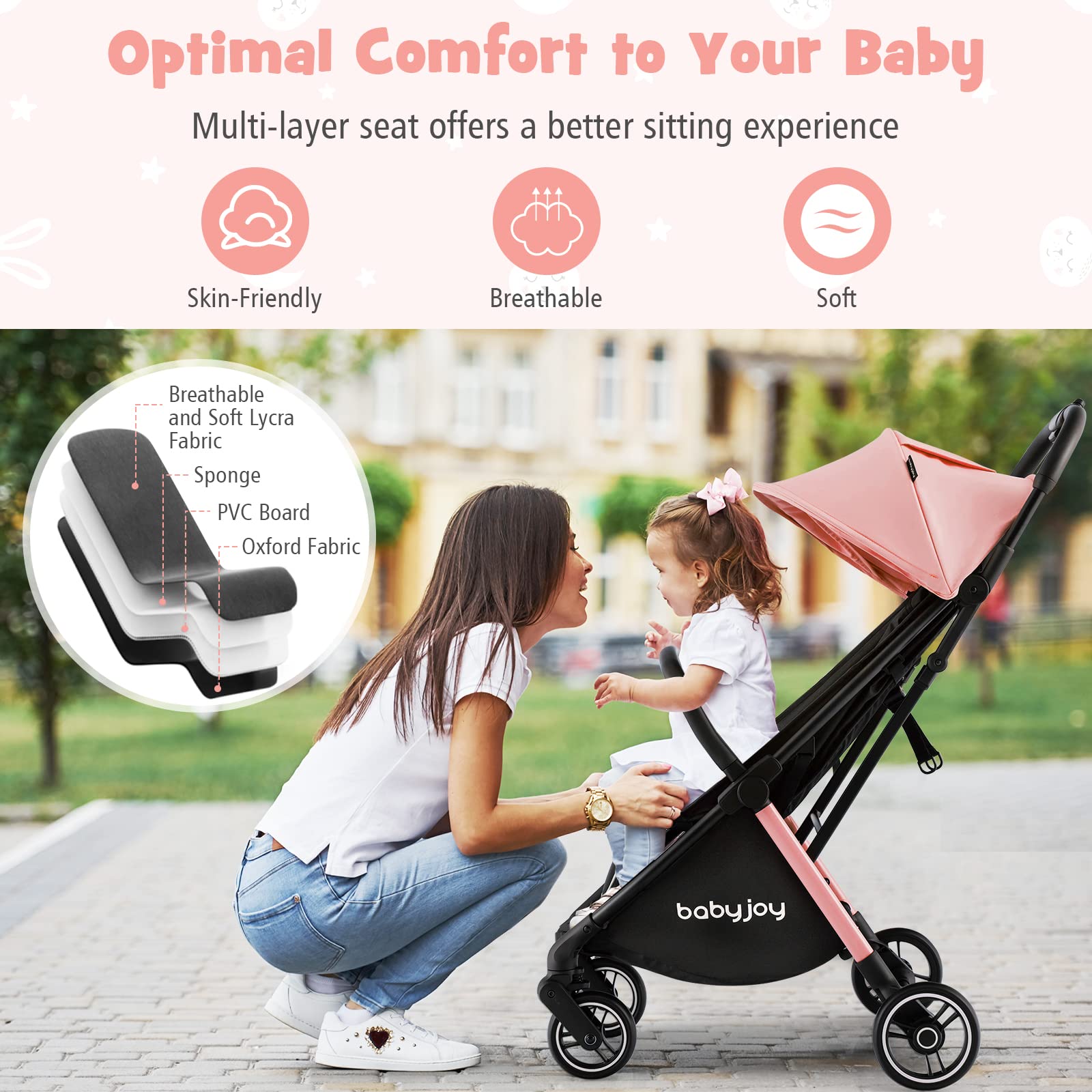 BABY JOY Lightweight Compact Travel Stroller for Airplane - Adjustable Canopy & Backrest, Storage Basket, Self-Standing Gravity Fold Aluminum Frame (Pink) | Perfect for Newborns, Infants & Toddlers - Ideal for Travel, Shopping & Daily Walks