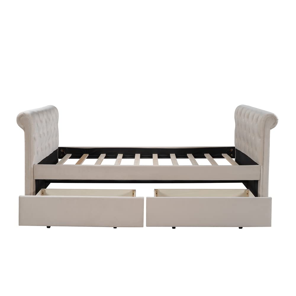 Twin Daybed with Storage Drawers & Wood Slats - Tufted Sofa Bed for Living Room & Office