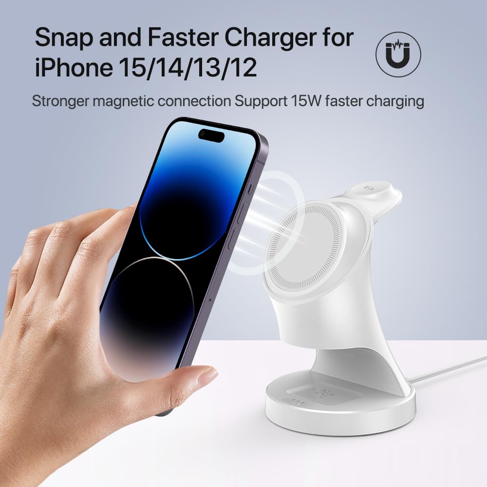 3-in-1 Magnetic Wireless Charging Station for iPhone 16/15/14/13/12 Pro/Plus/Max, Apple Watch 9/8/7/6/5/4/3/2/SE & AirPods 3/2/Pro - Fast 15W Magsafe Charger with LED Display | Perfect for Bedside, Office & Travel Charging