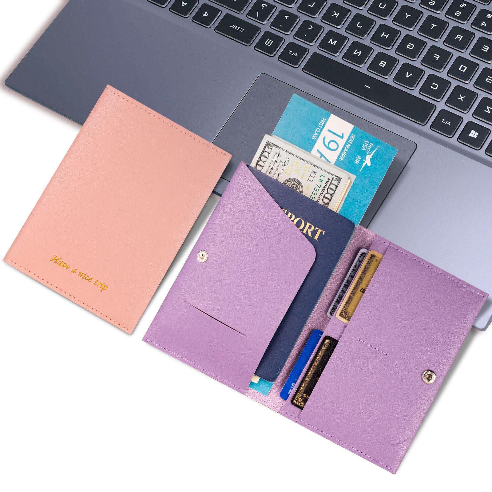 Premium RFID Blocking Passport Holder for Women & Men - Leather Travel Wallet Cover with Multiple Pockets for ID, Cards & Cash - Ideal for Family Vacations, Business Trips & International Travel (Pink & Purple)