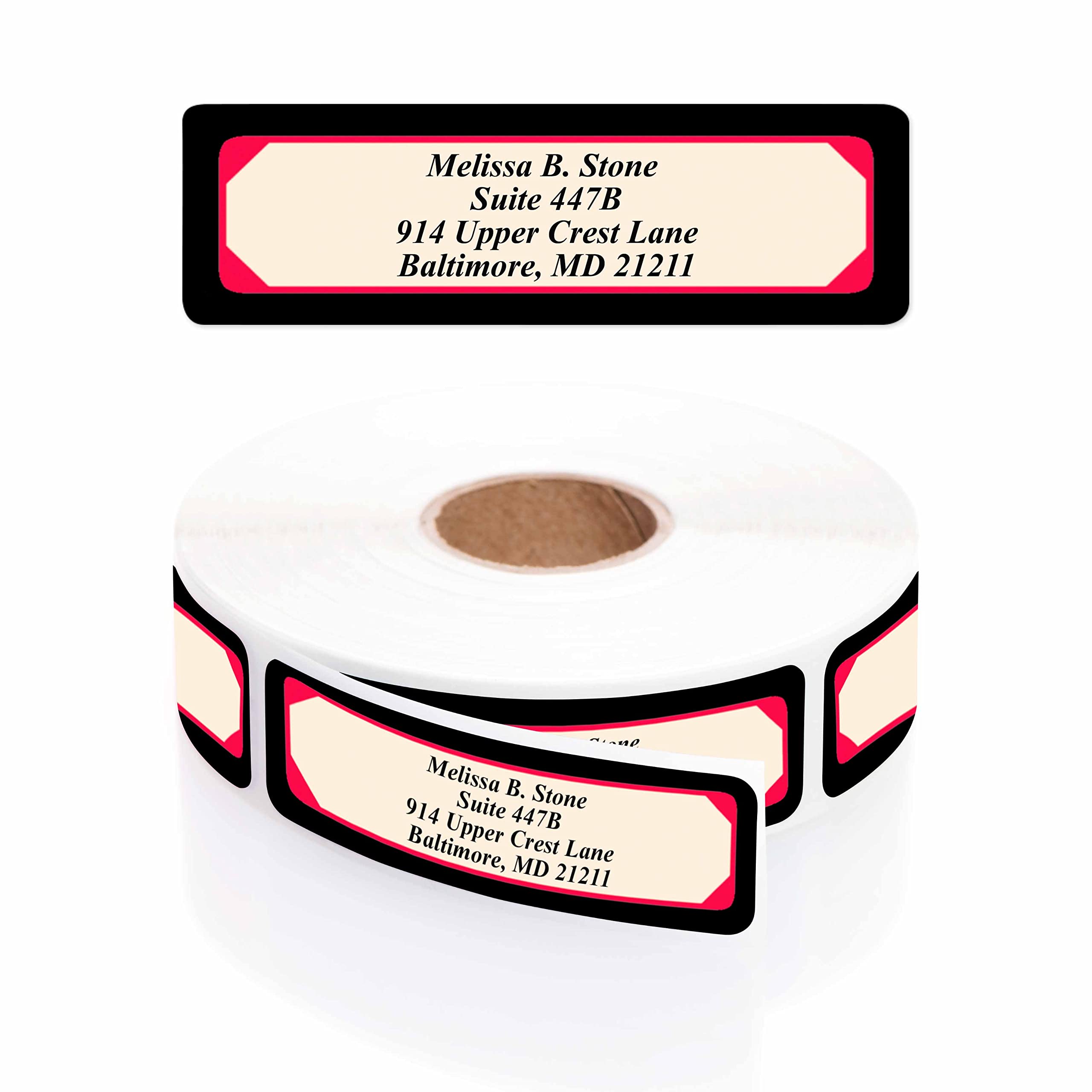 Elegant Red & Black Borders Designer Rolled Address Labels with Plastic Dispenser - Perfect for Wedding Invitations, Business Mailings & Holiday Cards