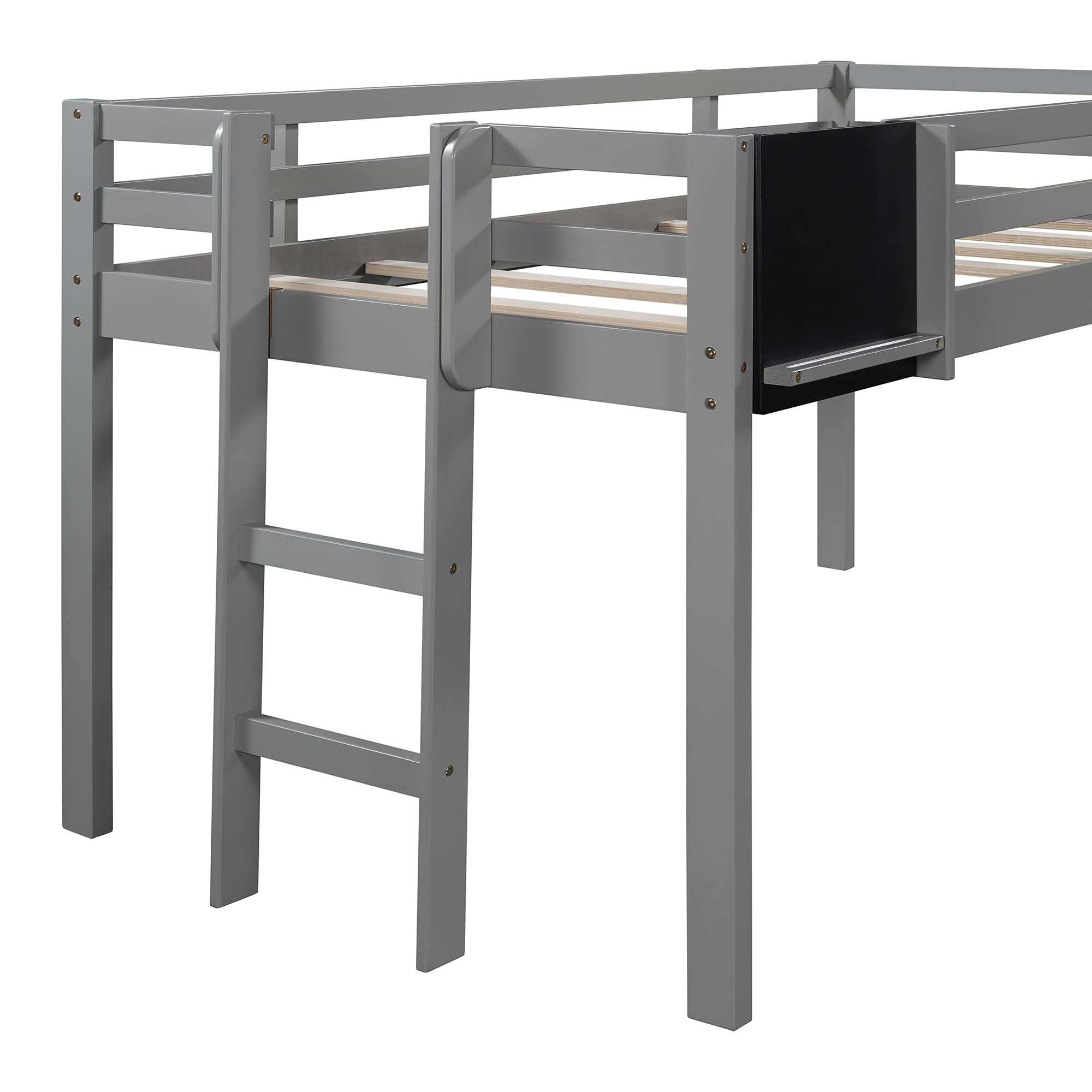 **Twin Loft Bed with Slide & Chalkboard - Wood Low Loft Bed Frame for Kids, Includes Ladder & Full-Length Guardrails - Perfect for Small Bedrooms, Playrooms & Kids' Sleepovers (Gray, Twin Size)**