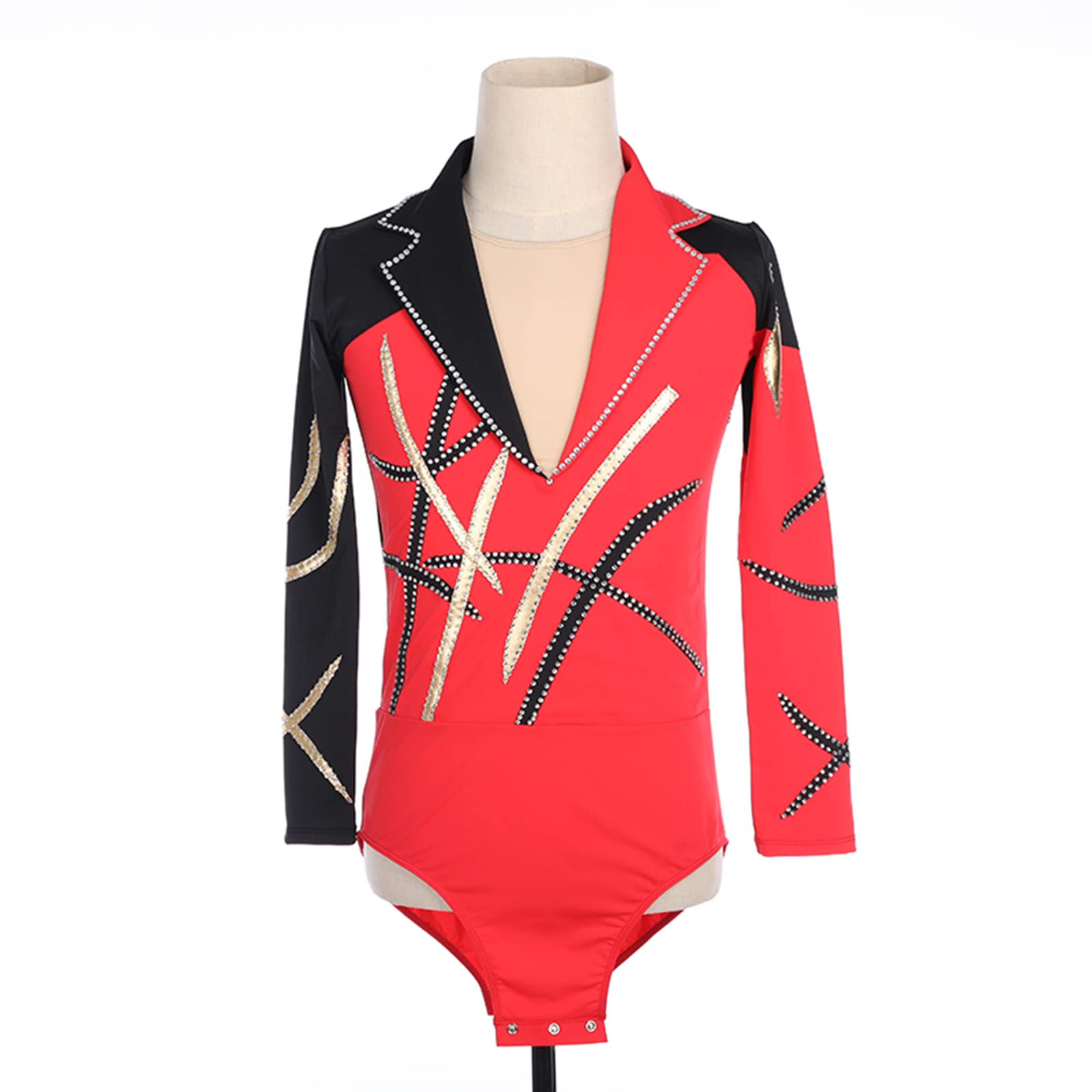 WHMMCO Boys & Men's Figure Skating Leotard with Rhinestone Design - Competition & Performance Costume for Ice Skating & Gymnastics (Red, No Pants) - Perfect for Ice Shows, Competitions & Training Sessions