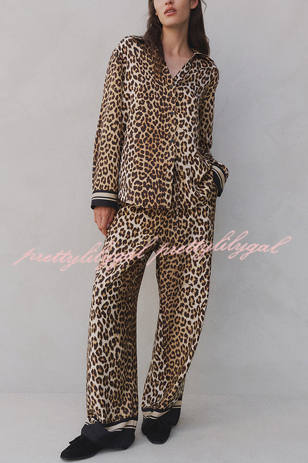Stylish Printed Lapel Long Sleeve Blouse with Elastic Waist Casual Pants Set - Women's Loose Fit Wide Leg Trousers & Pocket Details for Office, Travel and Everyday Wear