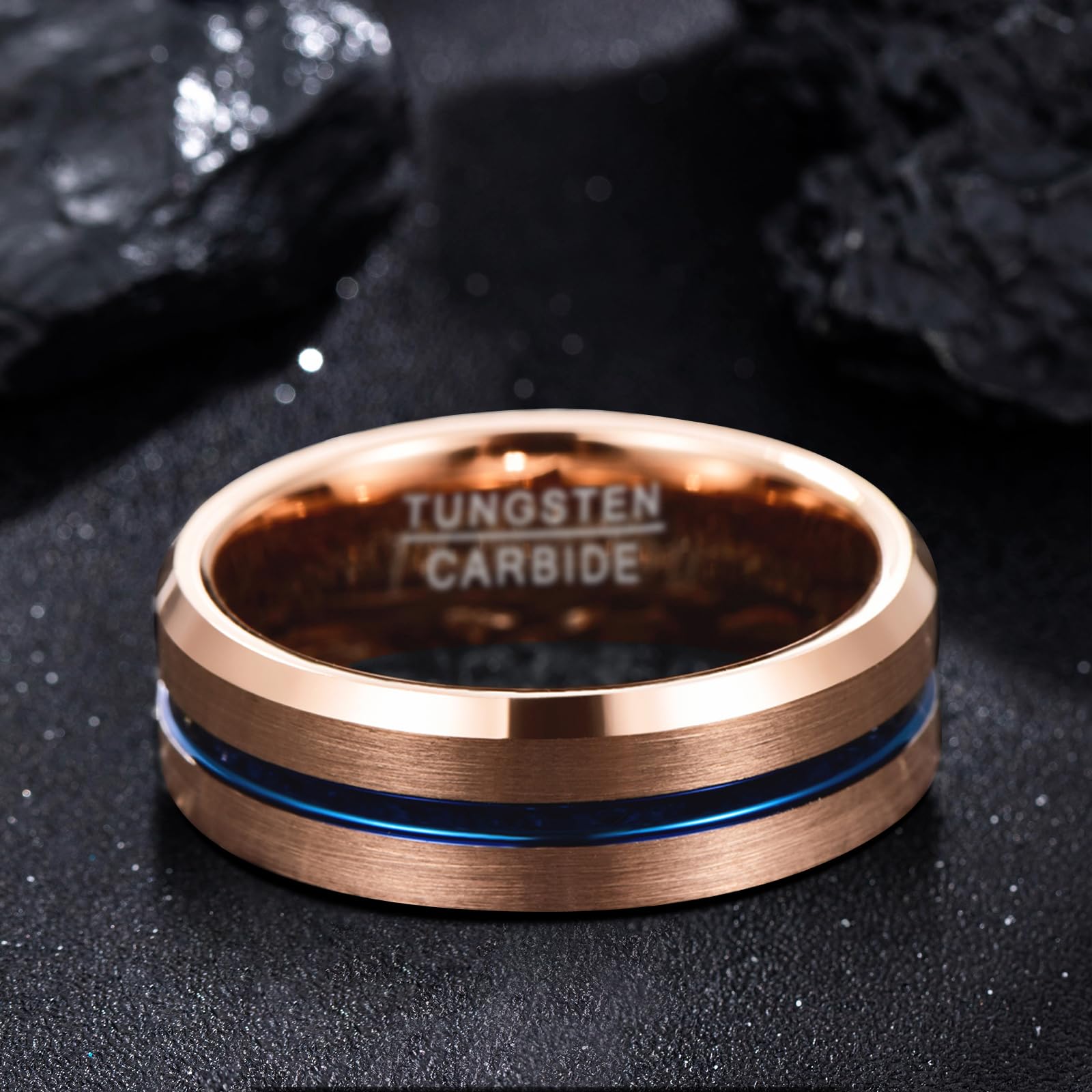 8mm Tungsten Wedding Rings for Men - Rose Gold, Blue Grooved, Black & Brown Two Tone Bands - Sizes 5-14 - Durable & Scratch-Resistant for Everyday Wear, Anniversary Gifts & Special Occasions