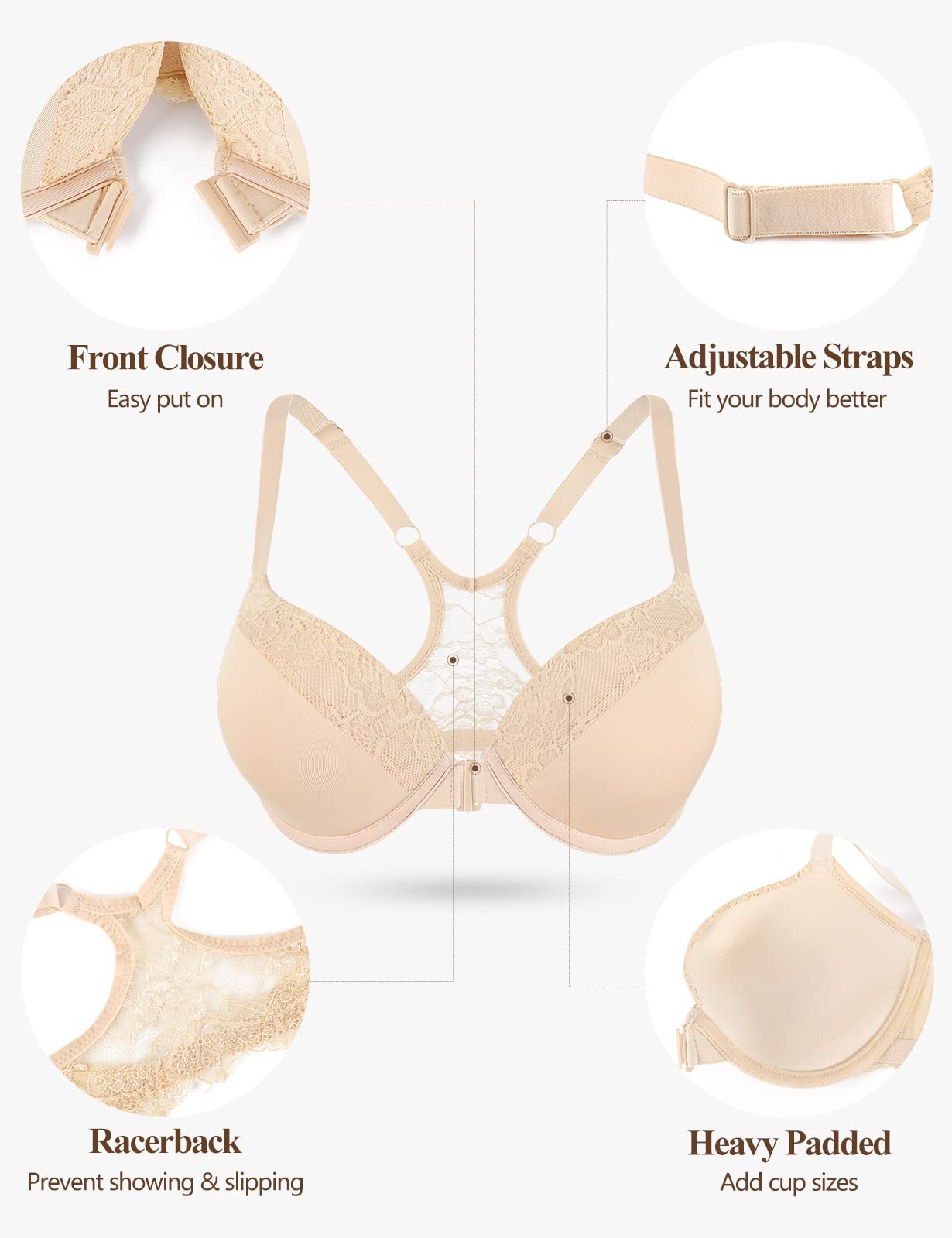 Push Up Front Closure Underwire Bra - Racerback Sports Bra Adds 2 Cup Sizes | Comfortable Support for Workouts, Yoga & Everyday Wear