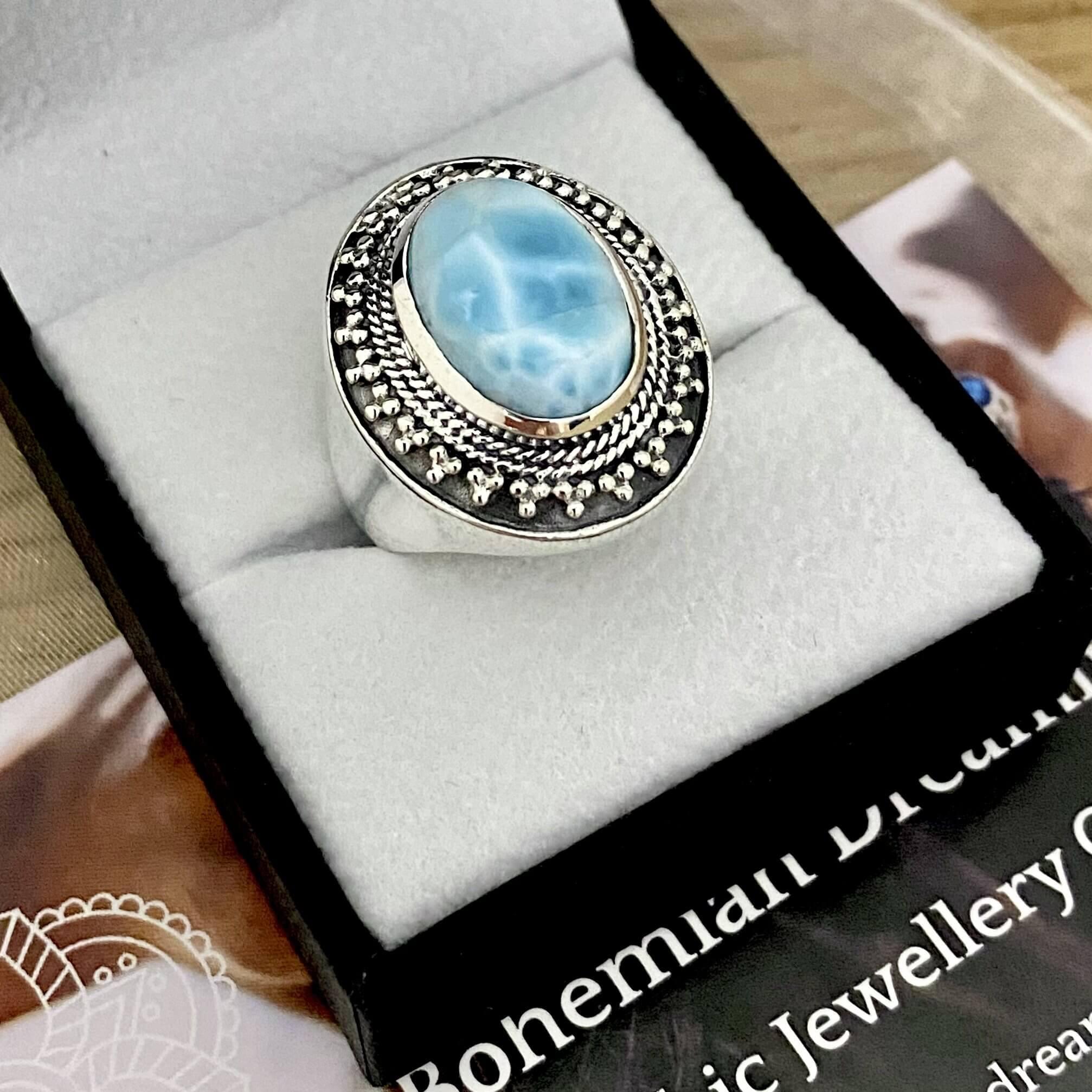 Laihas Dolphin Sunrise Statement Larimar Ring - Elegant Handmade Jewelry for Women, Perfect for Beach Weddings, Vacation & Boho Fashion