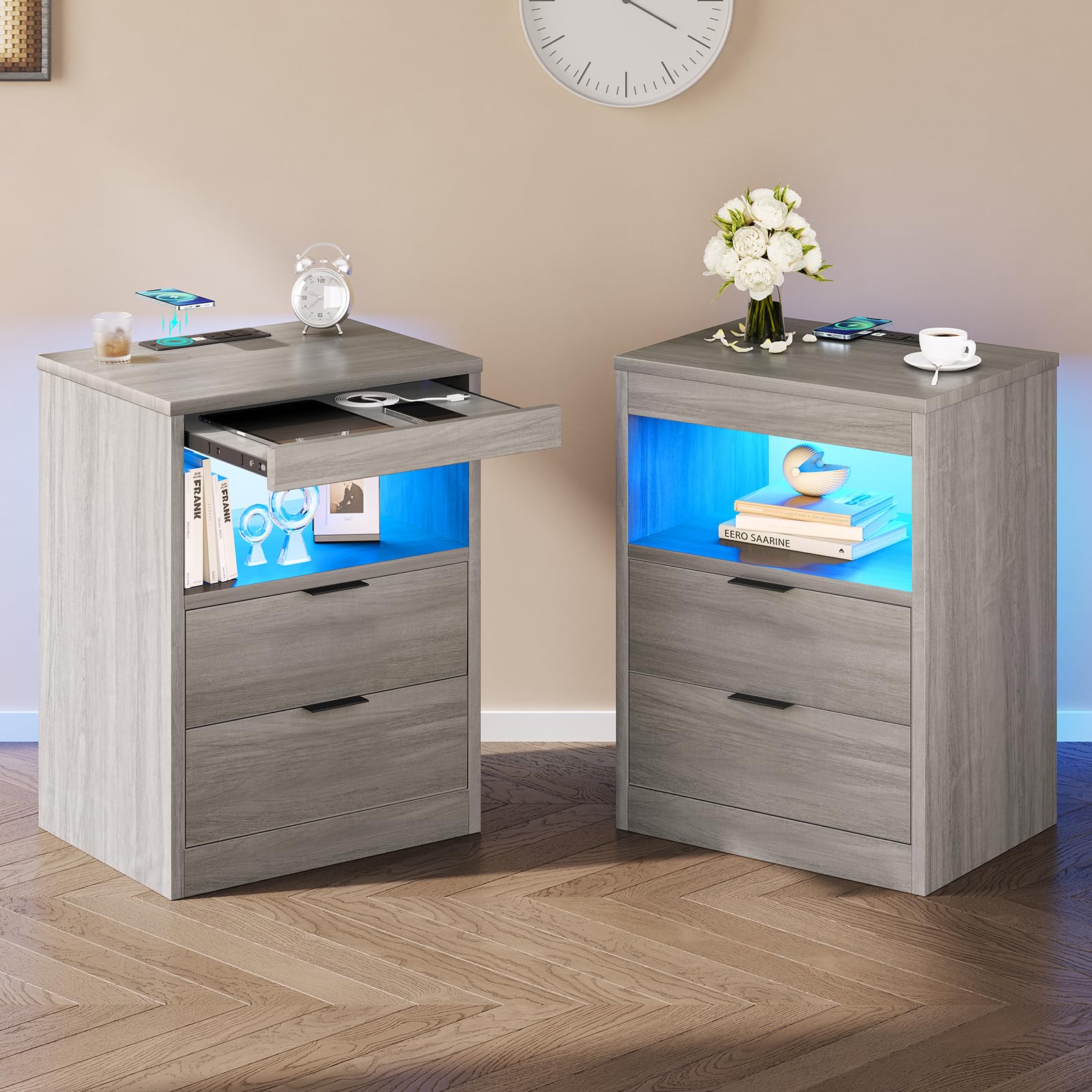 Tiptiper LED Nightstand Set of 2 - Modern Gray Bedside Table with Wireless Charging, 2 Drawers & Pull-Out Shelf - Storage End Table for Bedroom, Living Room & Office