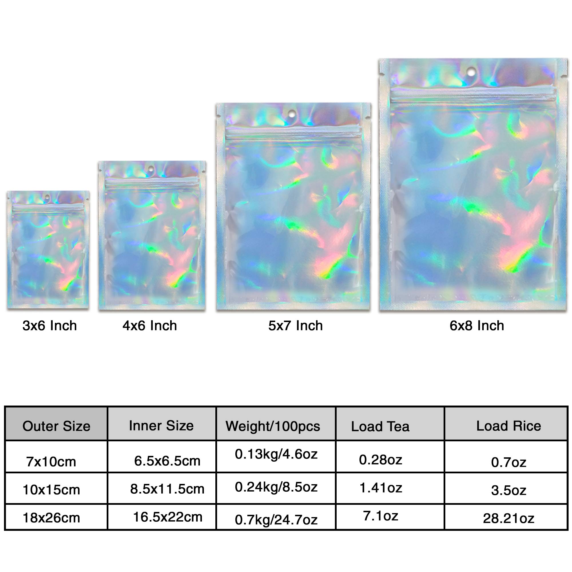 50 Pcs 6x8 Inches Holographic Resealable Bags - Reusable Smell Proof Packaging Bags for Food Storage, Eye Lashes & More - Perfect for Travel, Parties & Organizing Small Items