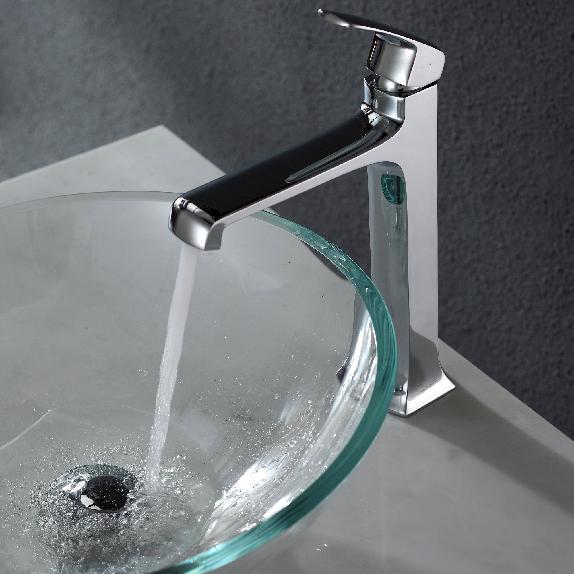 Kraus GV-100-CH Crystal Clear Glass Vessel Bathroom Sink with Chrome PU-MR Finish - Modern Vanity Basin for Contemporary Bathroom Decor