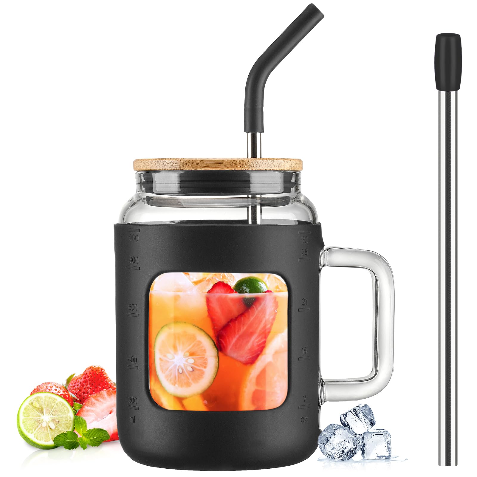 WINSA 32oz Glass Tumbler with Bamboo Lid & Straw - BPA Free Water Bottle with Time Marker, Handle & Silicone Sleeve - Perfect for Iced Coffee, Tea, Smoothies & Office Hydration - Black