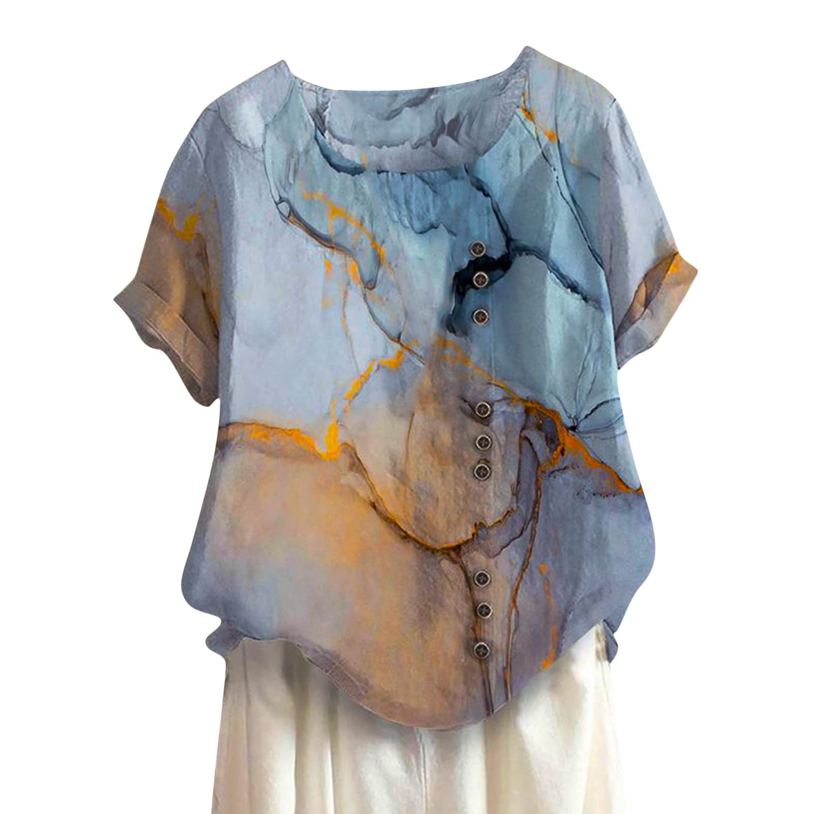 Women's Plus Size Casual Loose Boho Button Down Shirt - Short Sleeve Printed Tunic Top in White | Perfect for Summer Outfits, Beach Wear & Boho Fashion