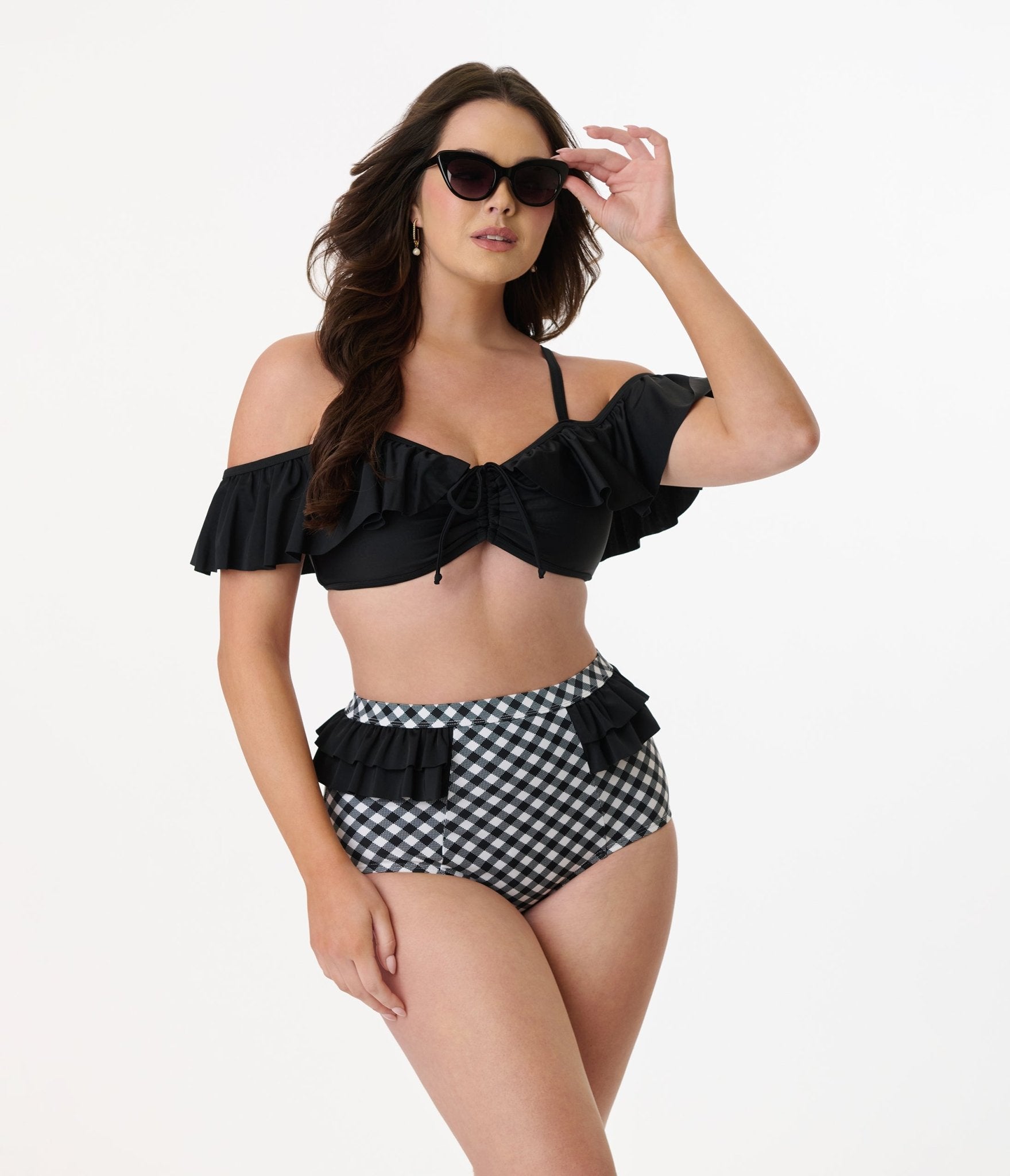 Vintage Black & White Gingham Ruffled Swim Bottoms - Retro High Waisted Bikini Bottom for Women, Perfect for Beach Vacations & Pool Parties