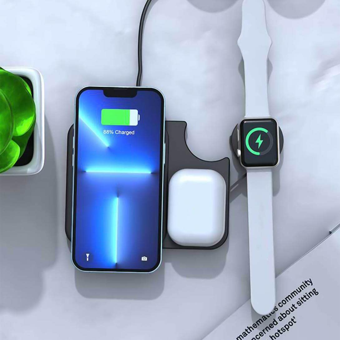 3-in-1 Wireless Charging Station - 15W Qi-Certified Fast Charger for iPhone, Samsung & AirPods - Compatible with Smartphones, Apple Watch & Wireless Earbuds - Perfect for Bedside, Office & Travel Use