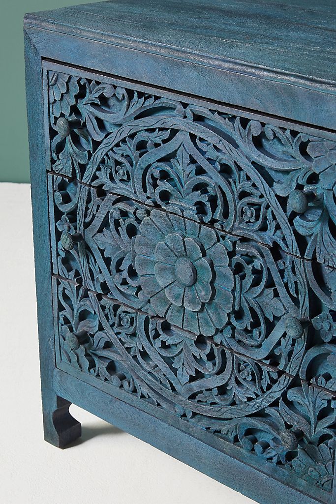 Hand Carved Lombok Three Drawer Nightstand - Solid Wood Bedside Table with Storage | Perfect for Bedroom, Guest Room & Apartment Furniture