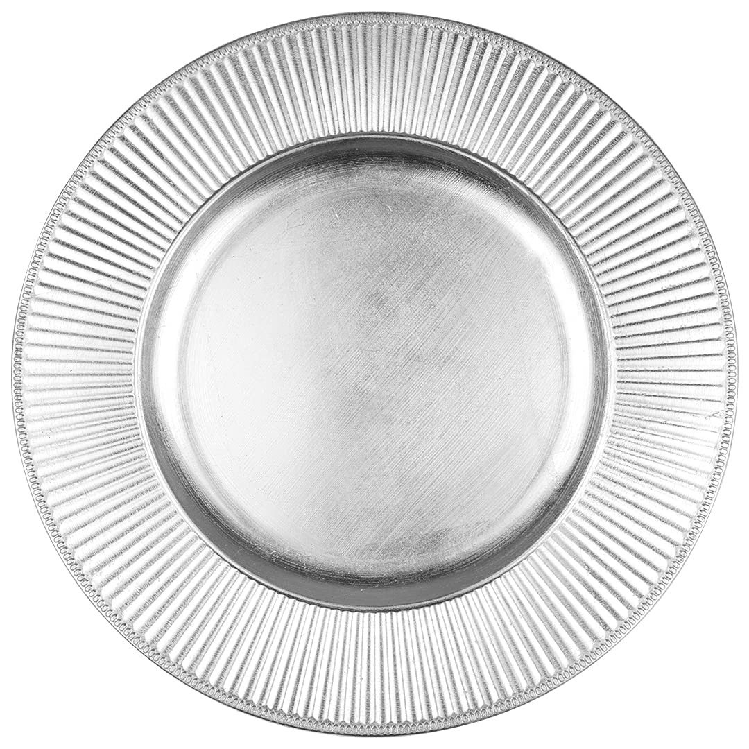 Koyal Wholesale 4-Pack Silver Ribbed Charger Plates - French Style Ornate Dinnerware for Rustic Farmhouse Table Decor - Perfect for Weddings, Parties & Holiday Dining