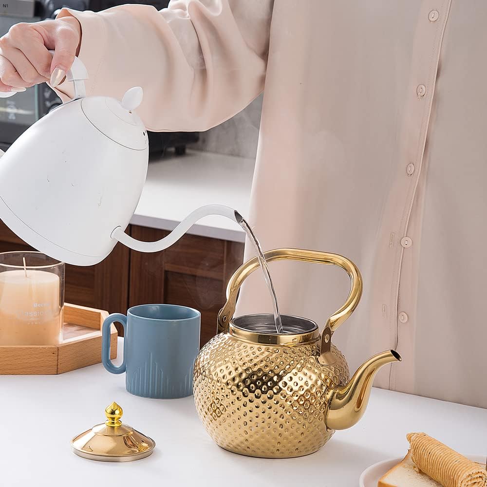 SANQIAHOME 2000ml Stainless Steel Teapot with Infuser - Gold Induction & Gas Stove Compatible Tea Kettle - Perfect for Home, Office, and Tea Ceremonies