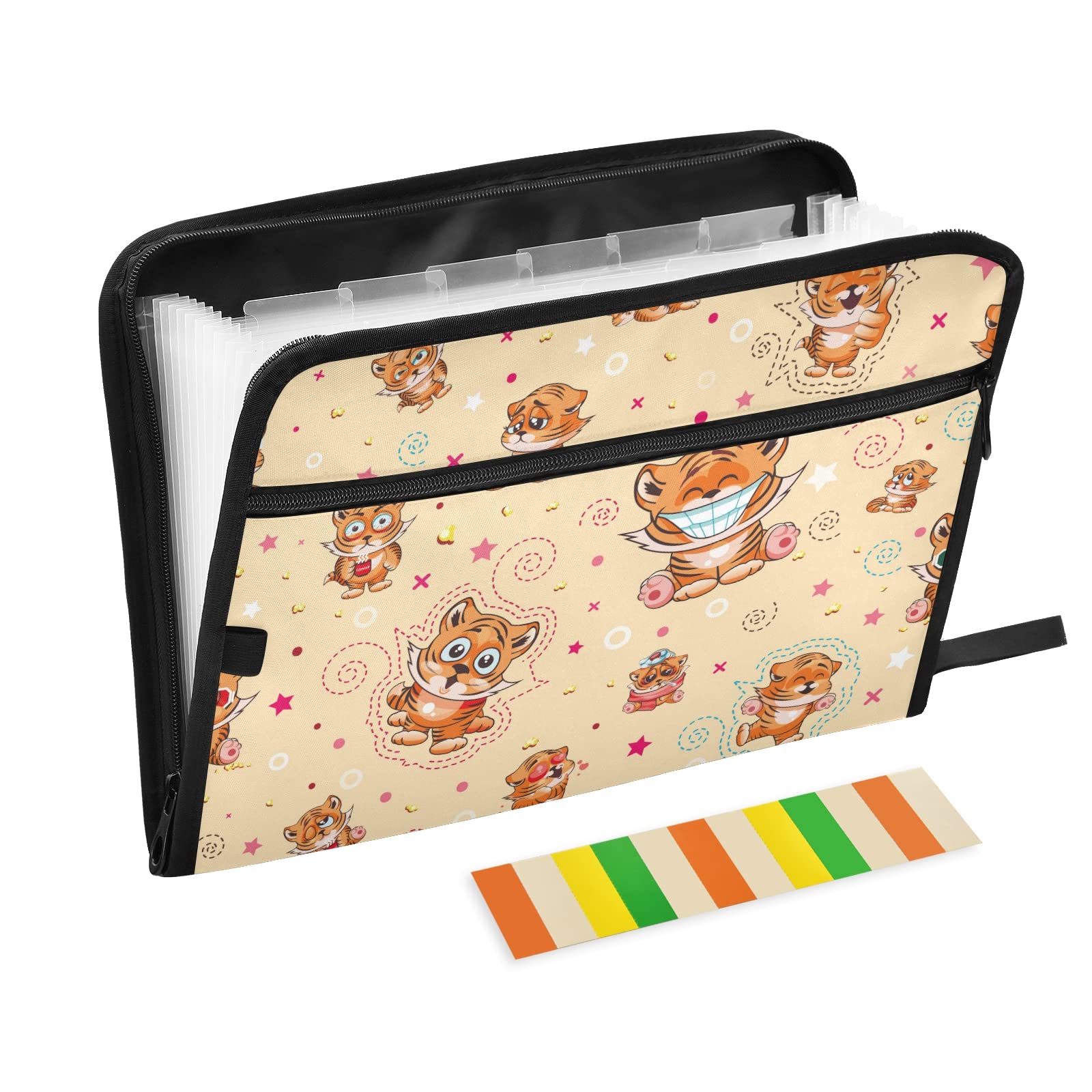 KFBE Cartoon Tiger Expanding File Folder - 13 Pocket Accordion Organizer with Sticky Labels & Zipper Closure for Letter/A4 Paper Documents | School, Office, Home Use (20800567)