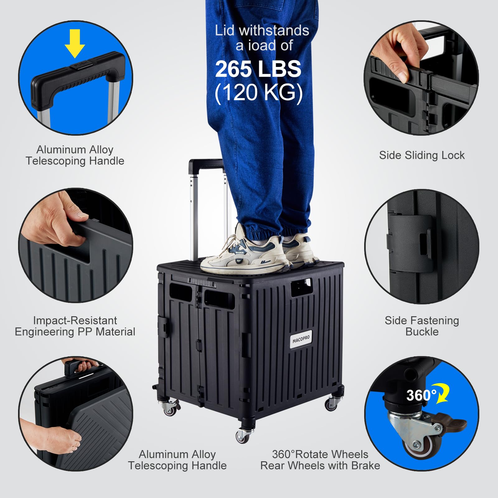 Foldable Utility Cart with Lid & Basket - 4 Rotating Wheels Portable Hand Truck for Grocery Shopping, Office Supplies, Luggage Transport & Classroom Use | Heavy Duty Collapsible Rolling Crate (Black) - Perfect for Teachers, Warehouse, Home & Garden Organization