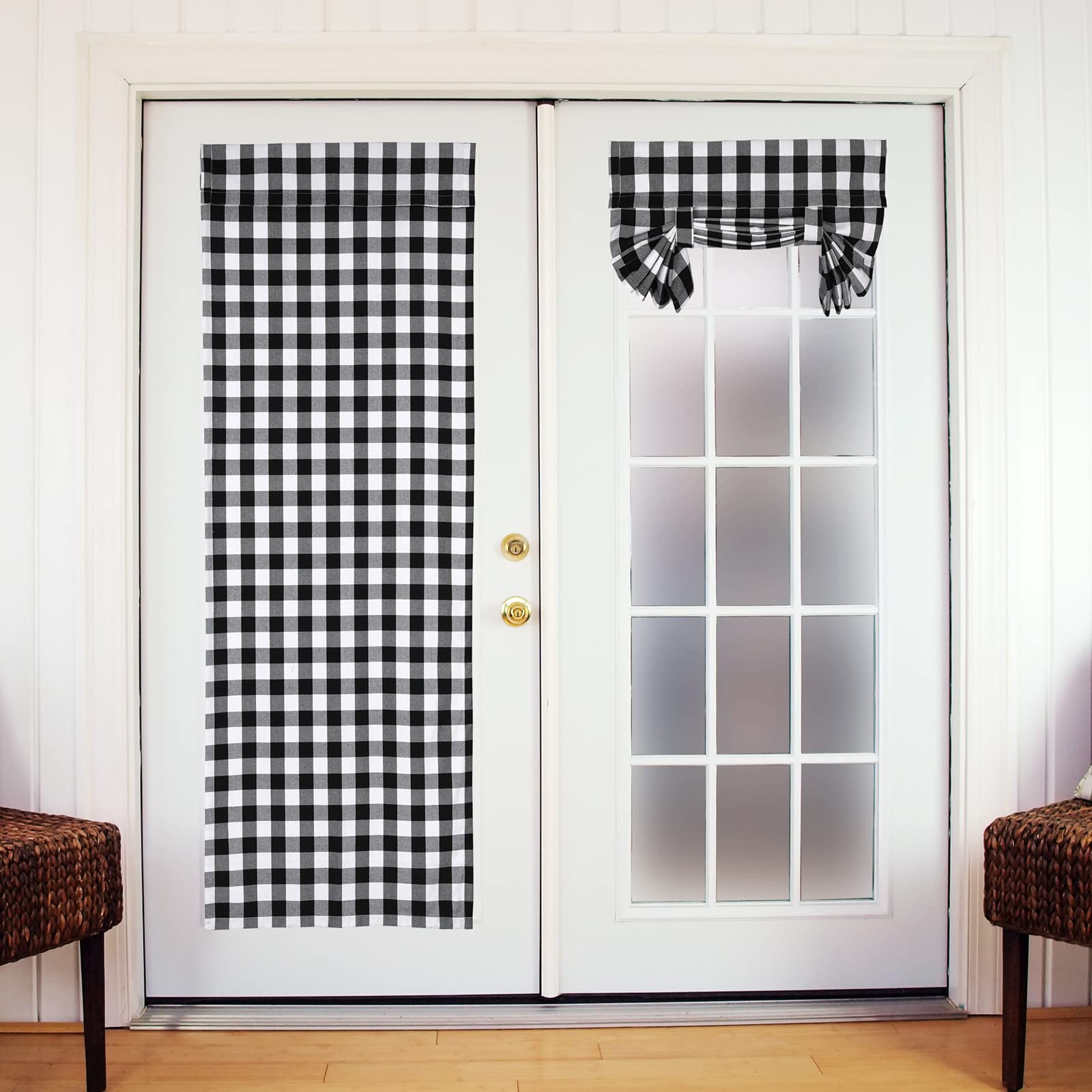 French Door Curtains Buffalo Plaid - 26 x 68 Inch Black & White Farmhouse Sidelight Window Panels for Patio & Front Door with Sticky Strap & Tie-Up Shades | Perfect for Glass Doors, Living Room, and Rustic Home Decor