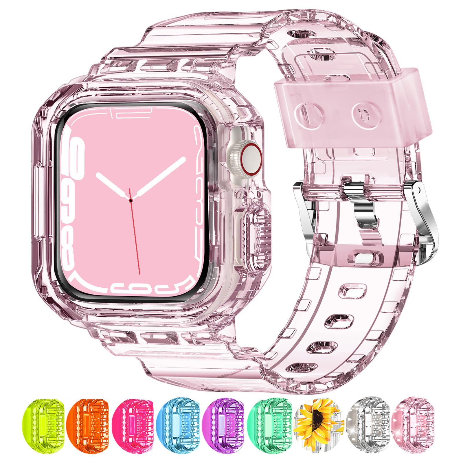 XYF Crystal Clear Apple Watch Band with Bumper Case - Compatible with iWatch Ultra 2/1, Series 9/8/7/SE/6/5/4/3/2/1 - 45mm 44mm 42mm 41mm 40mm 38mm - Sporty Jelly Strap for Men & Women - Perfect for Gym, Running & Everyday Wear