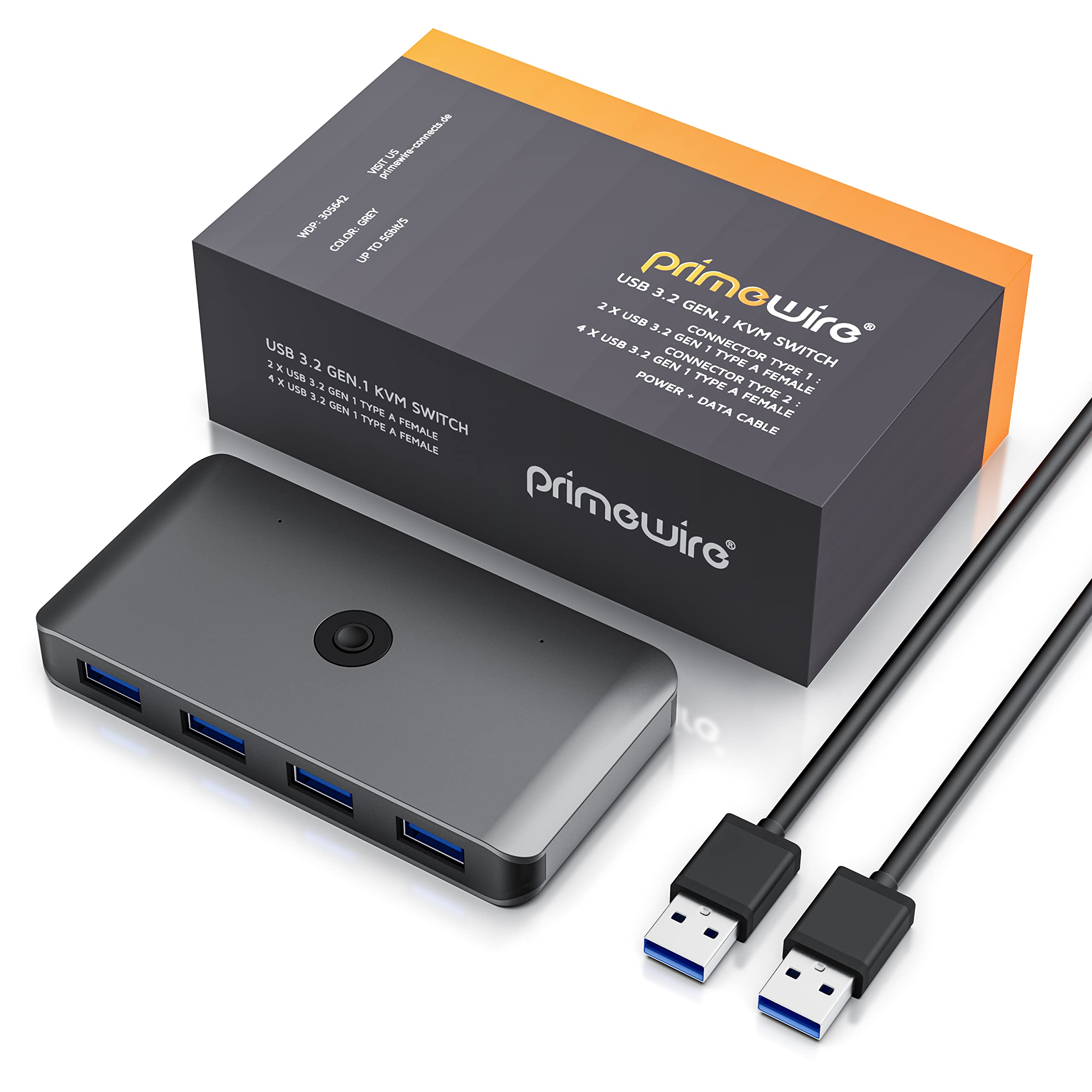 CSL USB 3.2 Gen1 Switch 2 Input 4 Output KVM Hub - Share Keyboard, Mouse, Printer, Scanner, USB Drives & Headsets Between 2 PCs - Includes 2 USB A to A Cables - Perfect for Home Office & Multi-Device Workstations