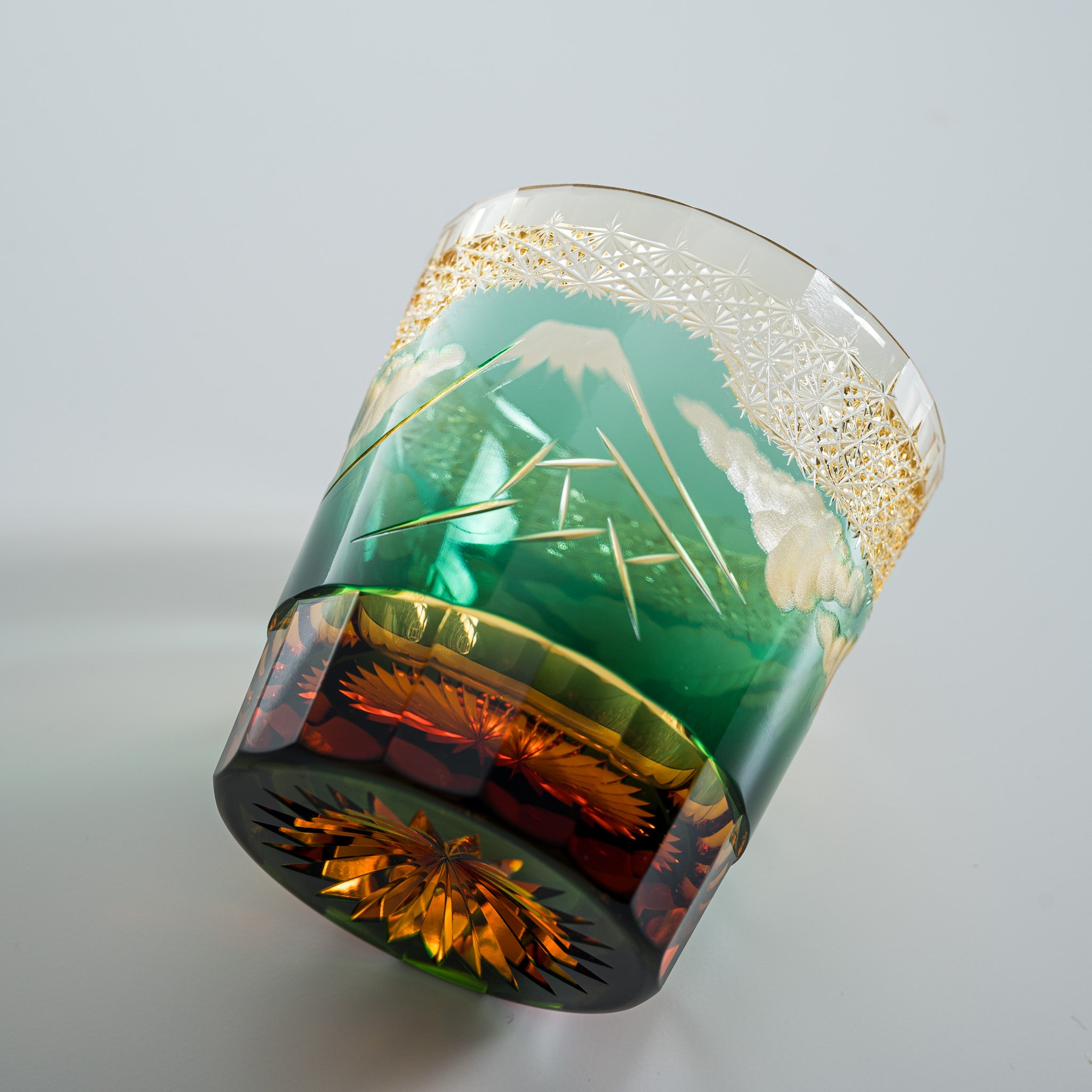 Yamada Crystal Glass Rock Glass with Mt Fuji Design - Amber Green Whiskey Tumbler for Bourbon, Scotch & Cocktails - Perfect for Home Bar, Gifts & Parties