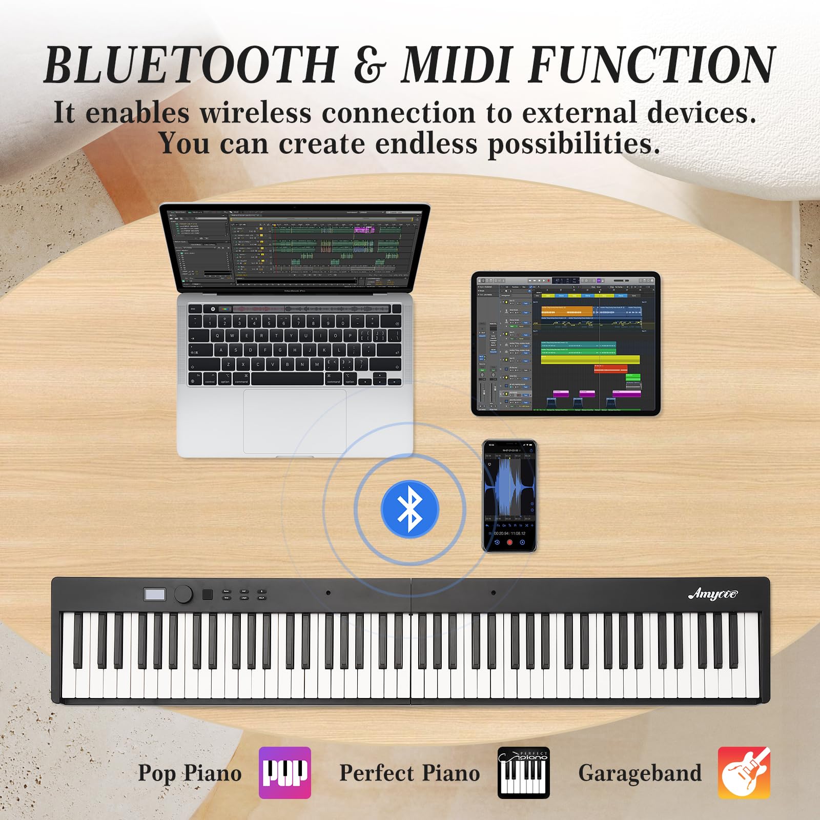 88-Key Portable Folding Digital Piano Keyboard - Semi-Weighted Keys with Bluetooth, USB MIDI & Sustain Pedal - Includes Headphones & Carrying Case - Perfect for Beginners, Kids & Traveling Musicians - Ideal for Home Practice, Music Lessons & On-the-Go Performances
