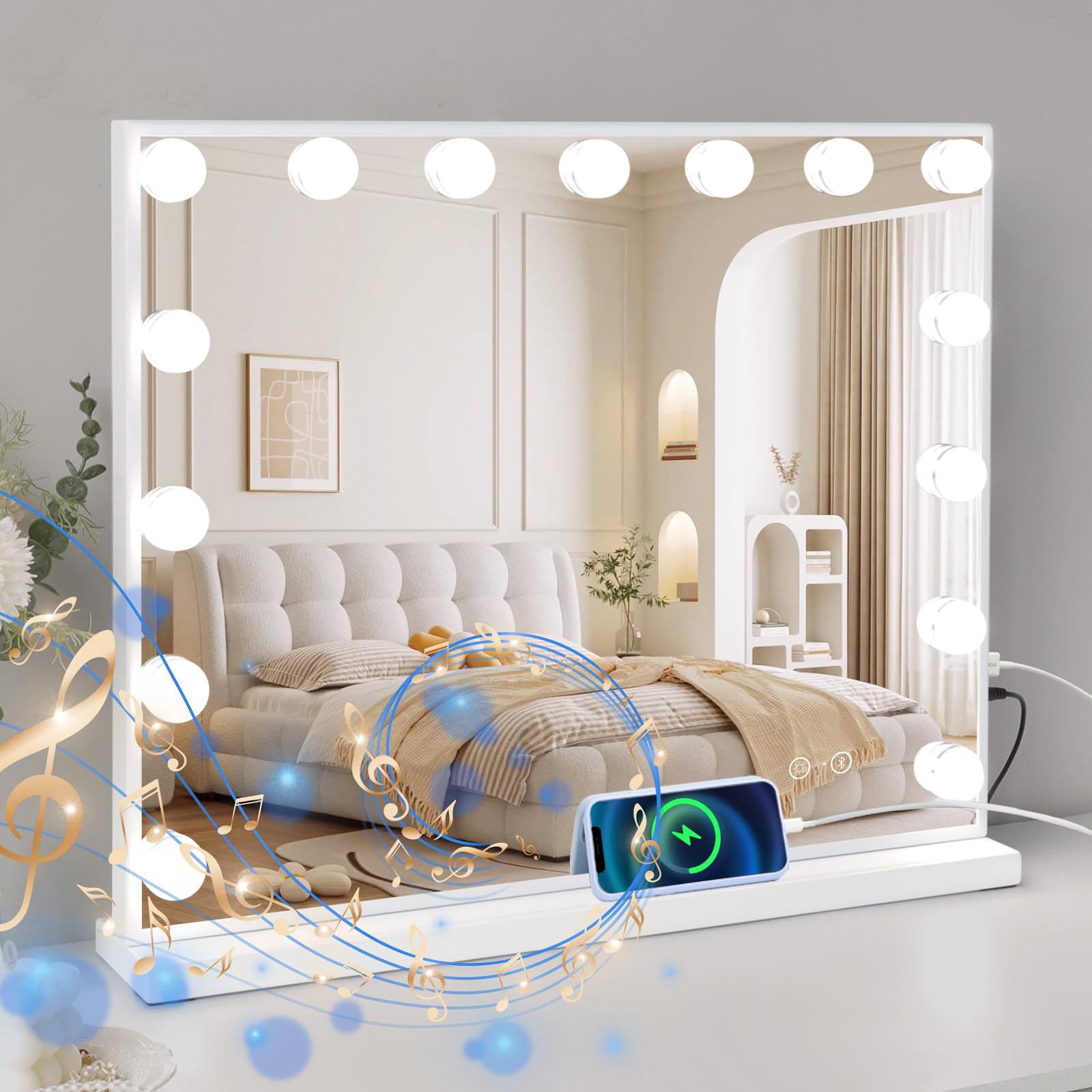 Hollywood Vanity Mirror with Lights & Bluetooth Speaker - 15 LED Bulbs, Smart Touch Control, 10X Magnification & USB Charging - Perfect for Makeup, Skincare & Dressing Room Vanity Setups