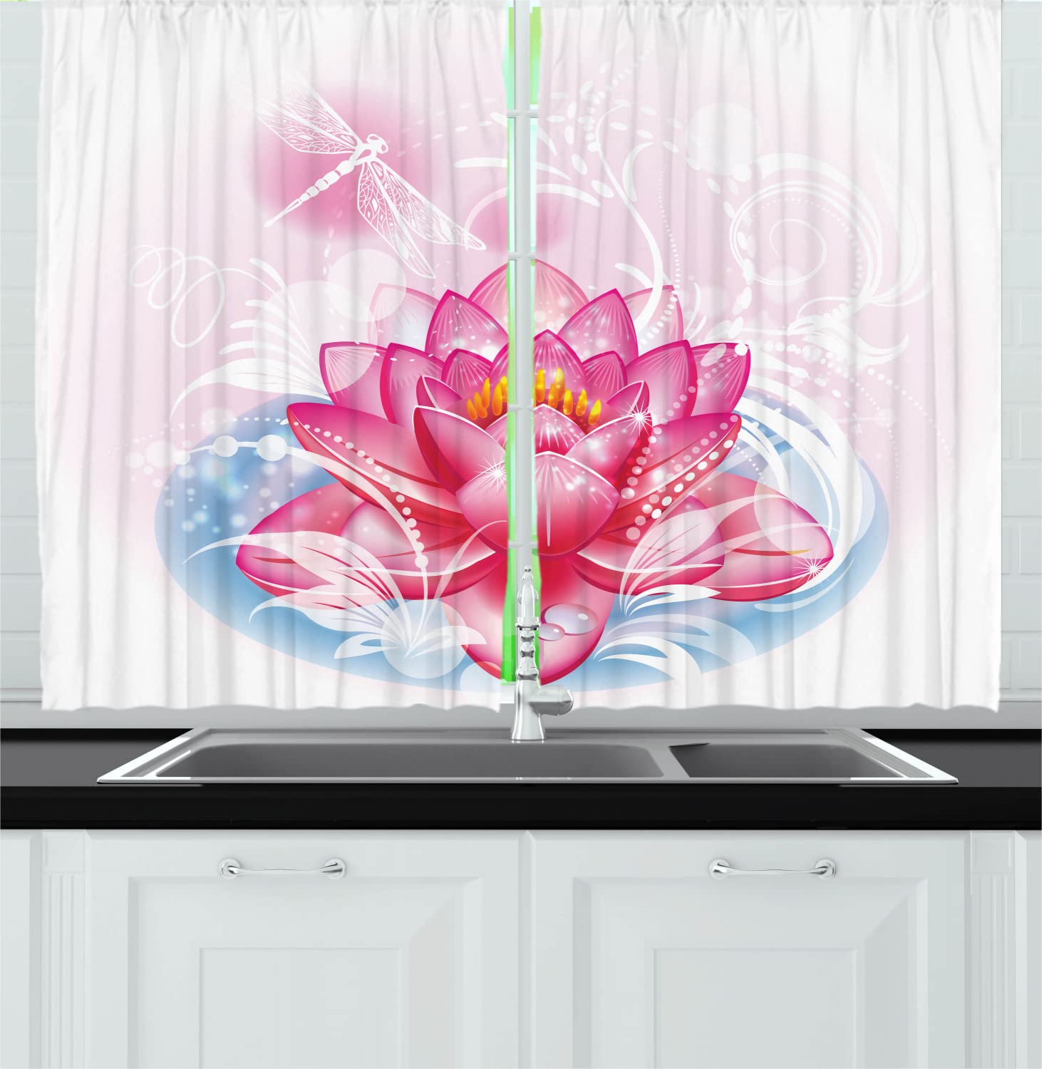 Ambesonne Floral Long Kitchen Curtains - Mandala Lotus Yoga Theme with Abstract Mantis Print, Pink Boho Drapes 55