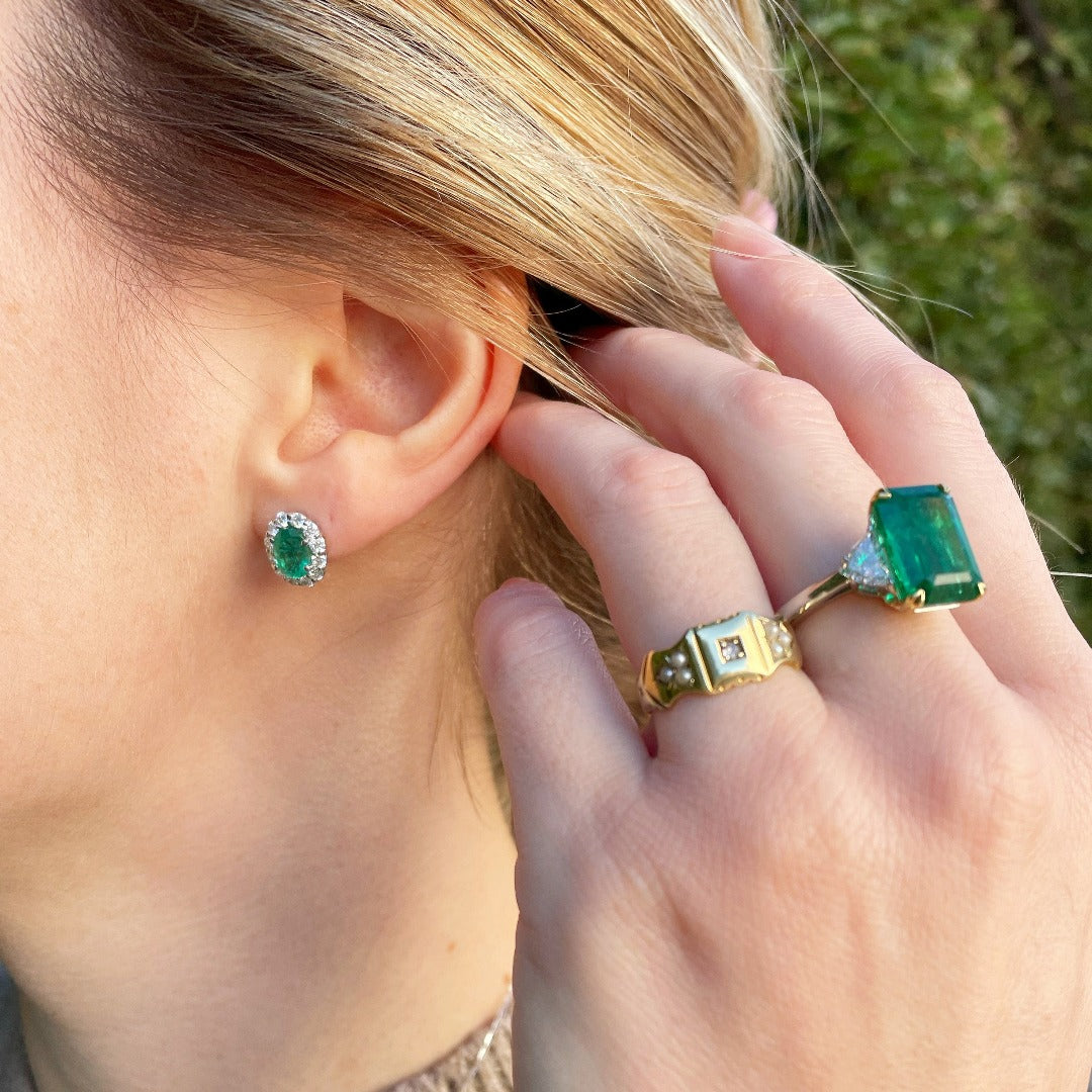 1.57ctw Oval Emerald & Diamond Cluster 18K Gold Stud Earrings for Women - Elegant Gift for Anniversary, Birthday & Special Occasions