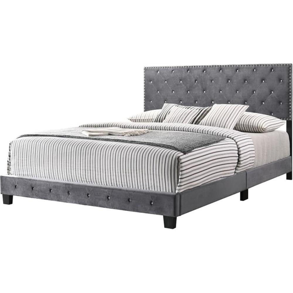 Glory Furniture Suffolk Velvet Upholstered King Bed Frame in Gray - Luxurious Bedroom Furniture for Master Suite & Guest Room