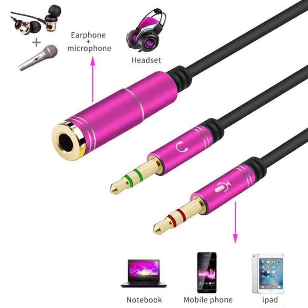3.5mm Headphone Splitter Adapter - Female to Dual 3.5mm Male Audio Y Cable - 4-Pin Mic Compatible for Smartphone to PC Connection (Pink) - Perfect for Gaming, Podcasting & Online Meetings