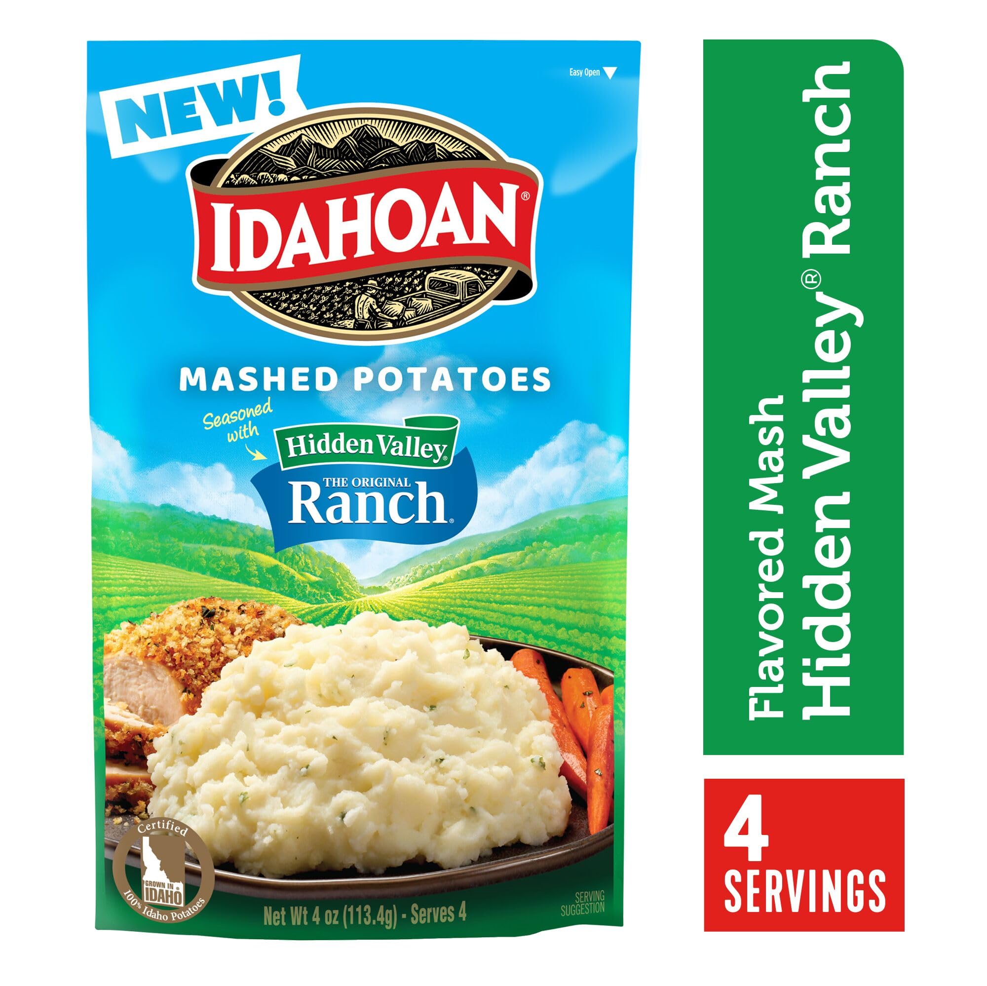 Idahoan Mashed Potatoes with Hidden Valley Original Ranch Seasoning - 4 oz (Pack of 12) | Instant Potato Flakes for Easy Meals, Camping & Quick Side Dishes