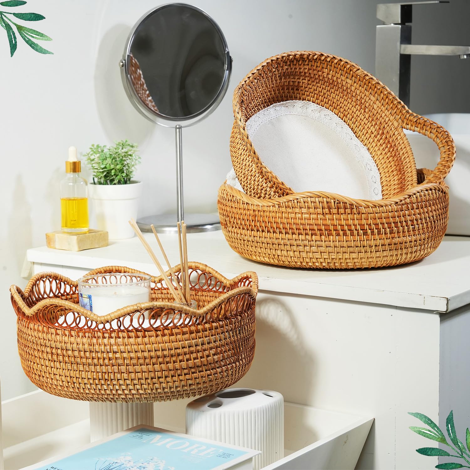 Round Rattan Wicker Bread Basket with Removable White Liner - 11