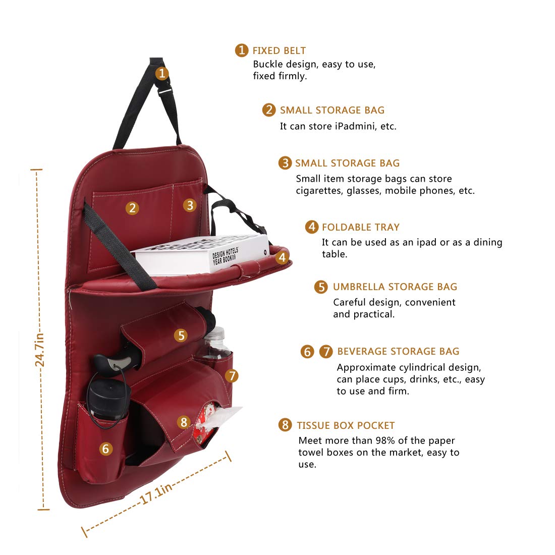 PU Leather Car Back Seat Organizer with Storage Tray - for Kids Toys & Travel Accessories