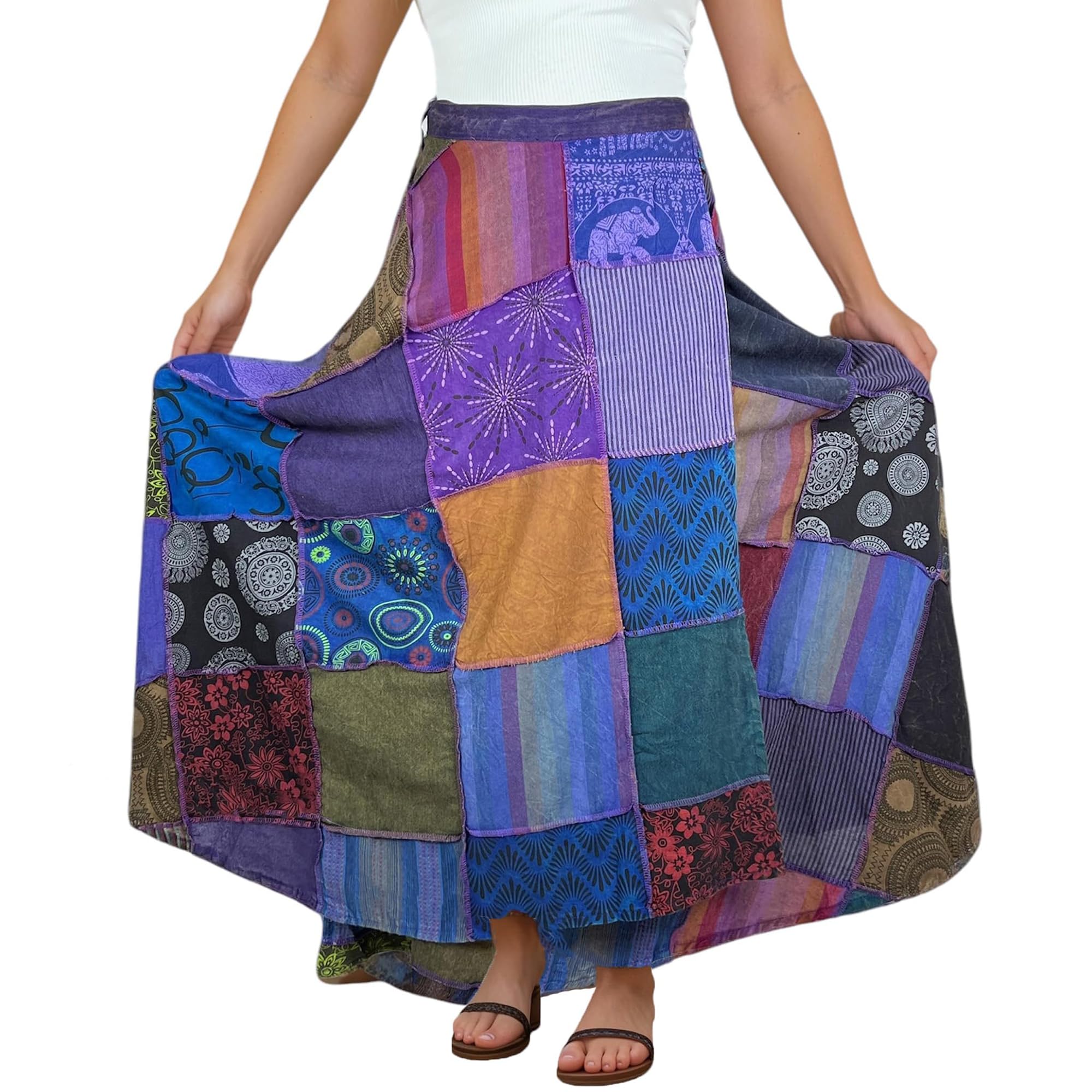 **Agan Traders Women's 2025 Spring & Fall Boho Maxi Skirt – High Waisted Long Skirt with Patchwork & Tie-Up Design – Perfect for Beach, Festival, and Casual Wear**