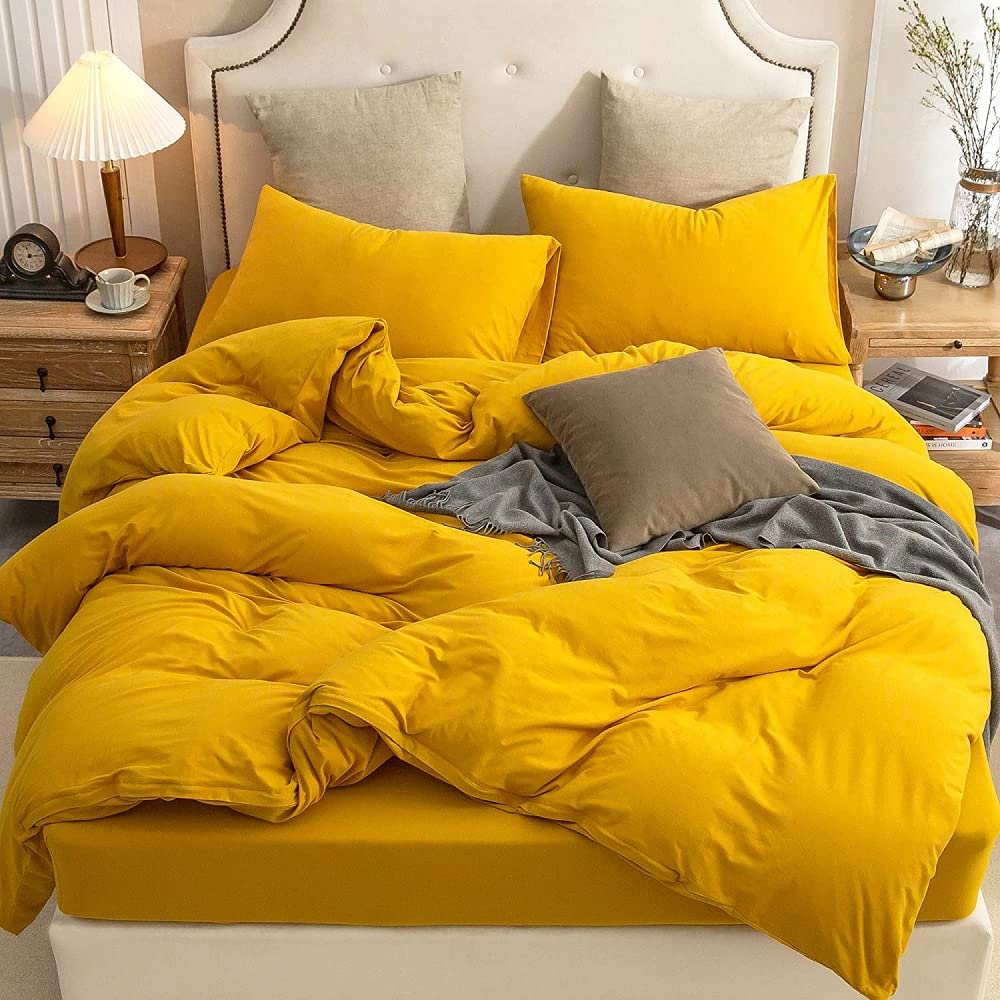 Premium Yellow Mustard Washed Cotton Duvet Cover Set - Twin/Full/Queen/King/California King - 100% Softened Collage Room Bedding for Cozy Comfort - Perfect for Modern Bedrooms, Guest Rooms & Dorm Decor