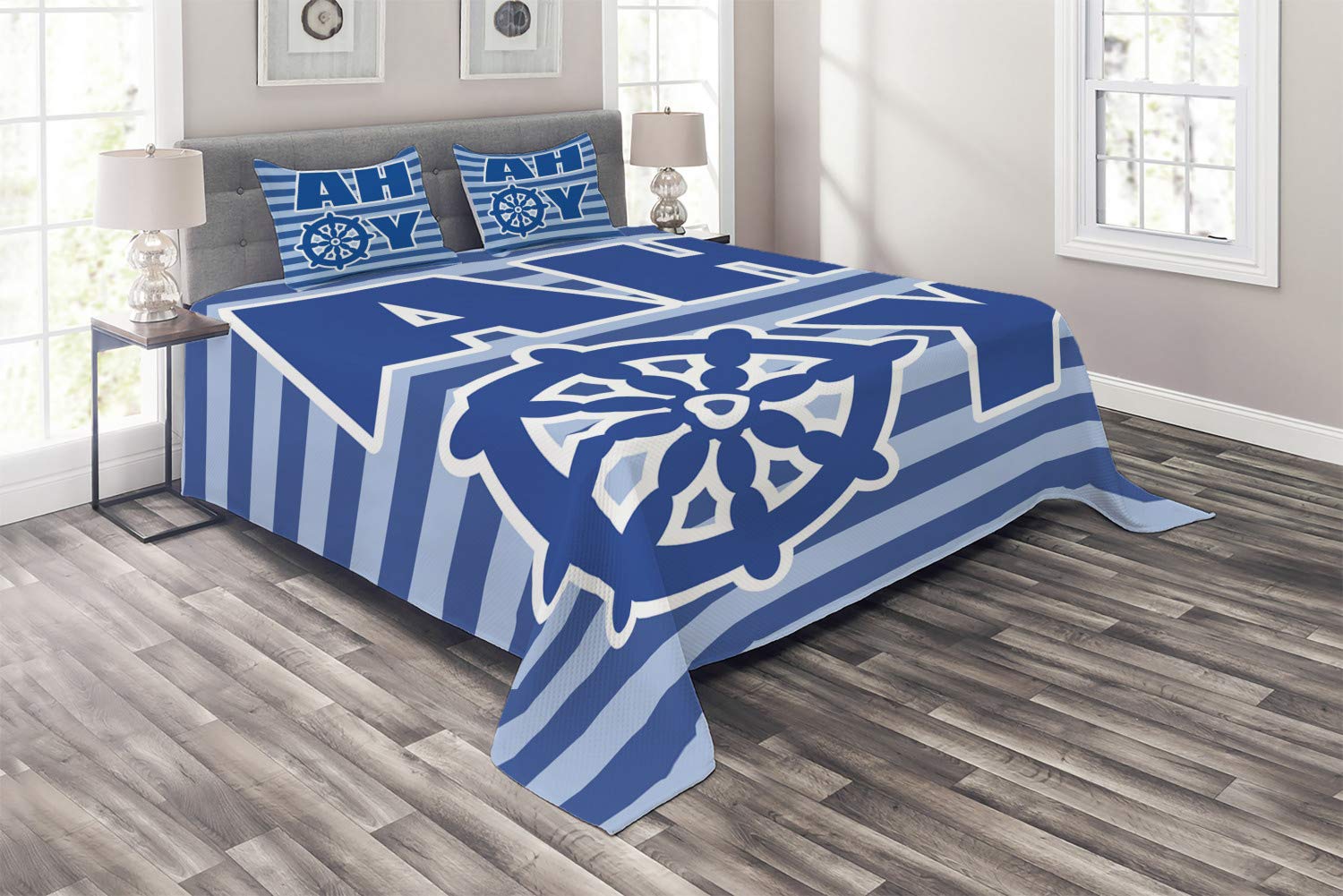 Ambesonne Nautical Wheel Striped 3-Piece Quilted Bedspread Set - King Size Pale Blue White Blue, Modern Simplistic Design for Reveal Party & Coastal Bedroom Decor