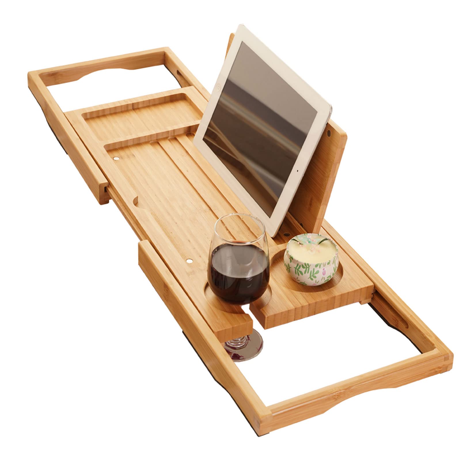Adjustable Bamboo Bathtub Caddy Tray - Anti-Slip Bath Table with Wine Glass Holder, Book Stand & Candle Slot - Expands from 24.8