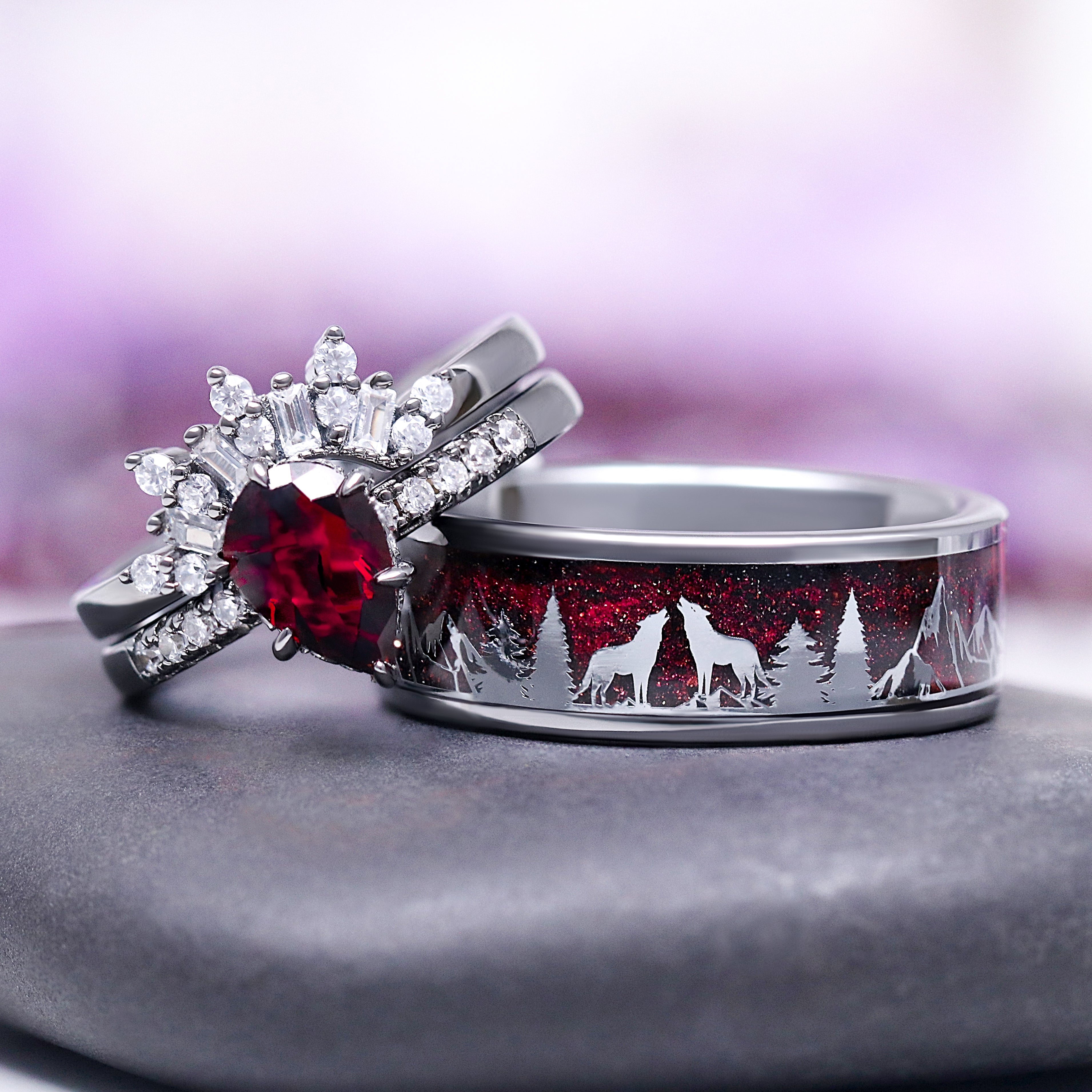 8MM Tungsten Wedding Band for Men - Starry Night, Trees & Wolves Design (Vampire Inspired) - Perfect for Gothic Weddings, Halloween Proposals & Alternative Lifestyle Jewelry