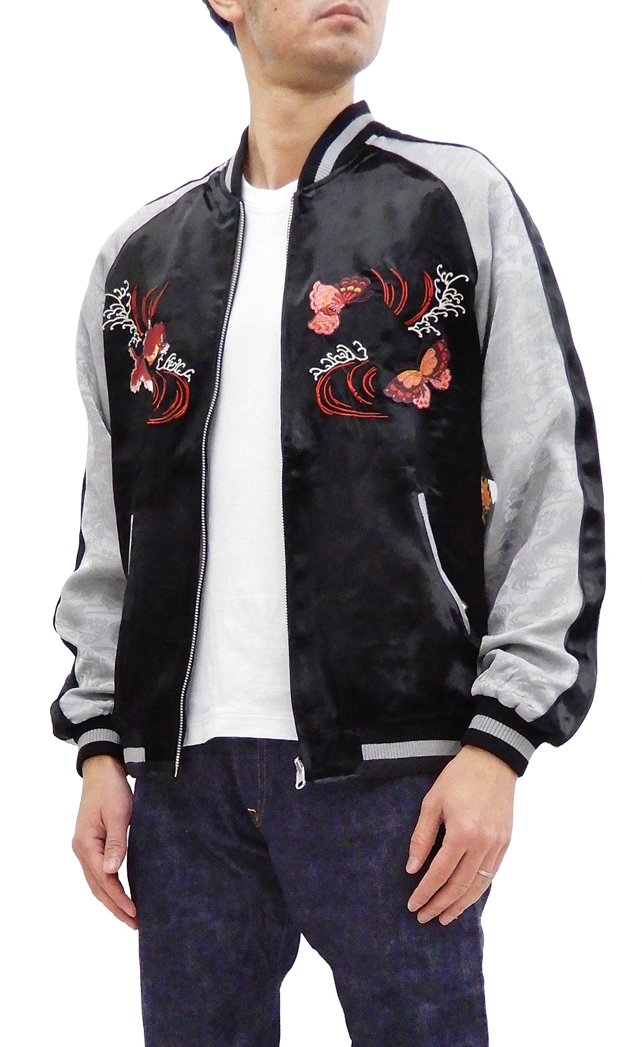Japanese Souvenir Jacket for Men - Goldfish Embroidery Sukajan Bomber Jacket (Black/Gray) | Vintage Asian Streetwear | Perfect for Casual Outfits, Cosplay & Festival Fashion