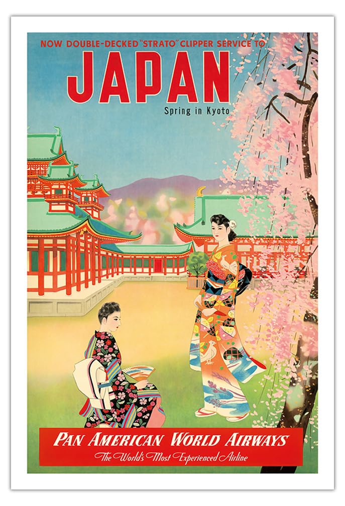 Vintage 1950s Kyoto Spring Geisha Travel Poster - Pan American World Airways Airline Art Print - Unframed 30x44 Inch Fine Art Matte Paper - Home Office Decor, Japanese Culture Wall Art, Retro Travel Gift