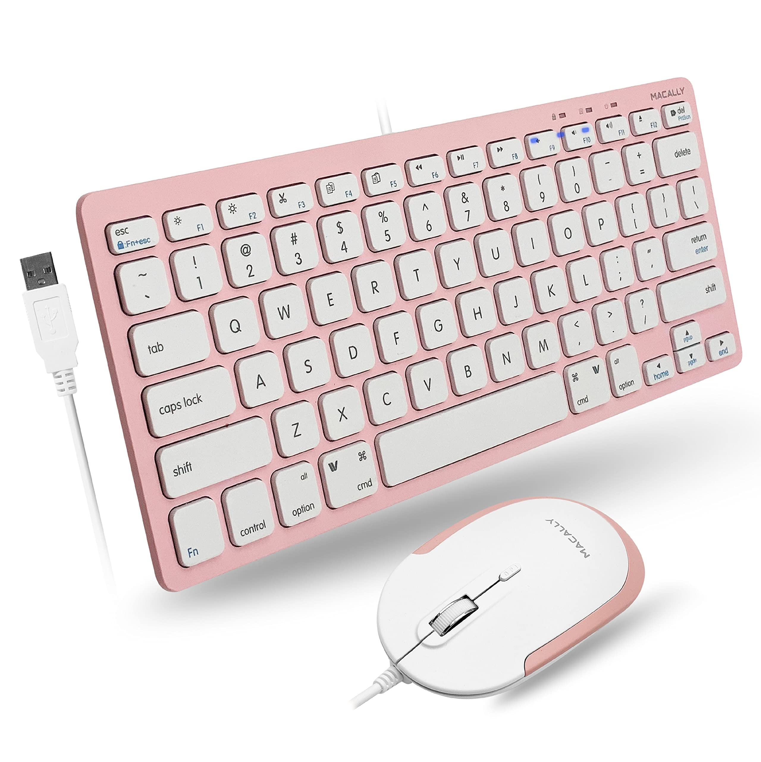 Macally Pink USB Wired Keyboard and Mouse Combo - 78-Key Compact Design for Mac & PC - Space-Saving Silent Keyboard with Ergonomic Mouse - Perfect for Home Office, Gaming & Small Workspaces