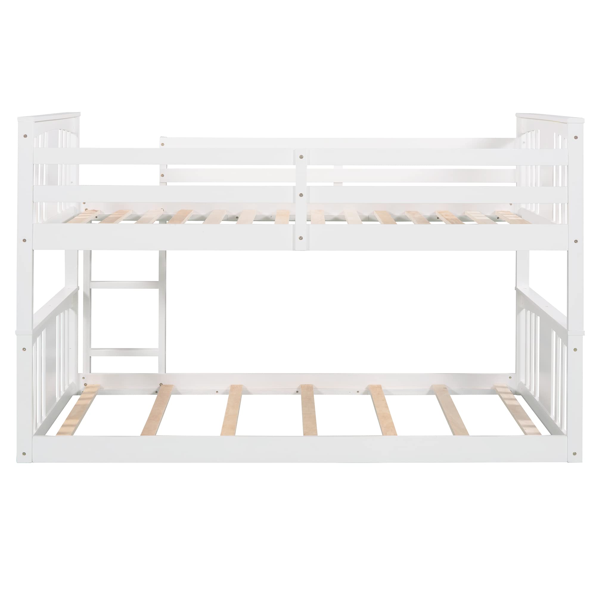 Wooden Twin Over Twin Kids Bunk Bed with Ladder - Low Profile White Bunk Bed Frame for Children's Room, Sleepovers & Small Spaces