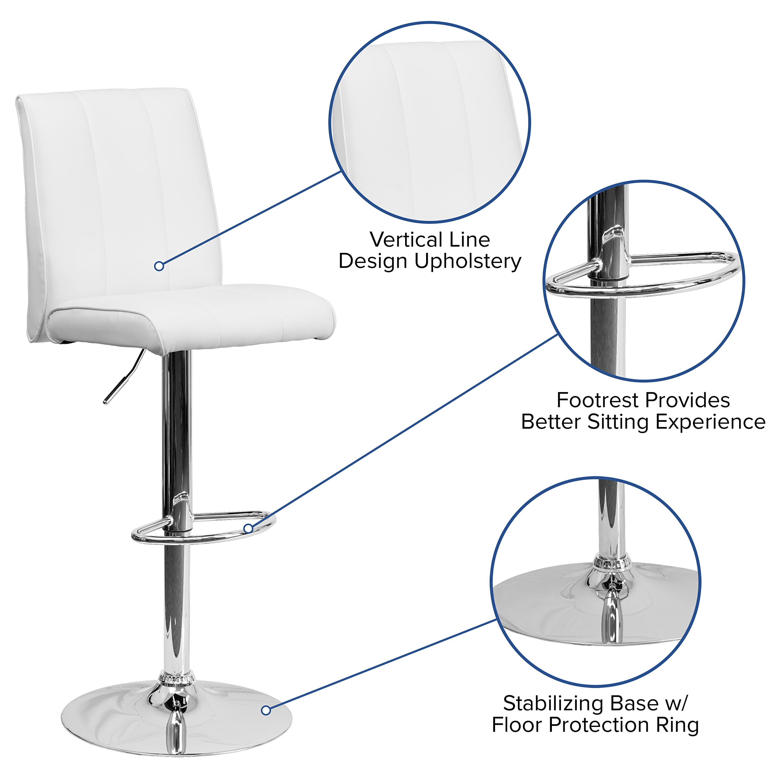 EMMA + OLIVER White Vinyl Adjustable Height Bar Stool with Vertical Stitch Panel Back - Perfect for Kitchen Islands, Breakfast Bars & Home Decor
